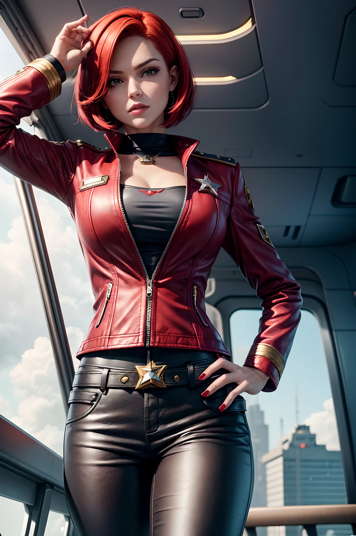 A-Line Bob, Ruby Red hair, beautiful woman, starship captain, short jacket, cowboy shot, flirty, military bearing, standing, pirate, on a starship bridge, leather pants,