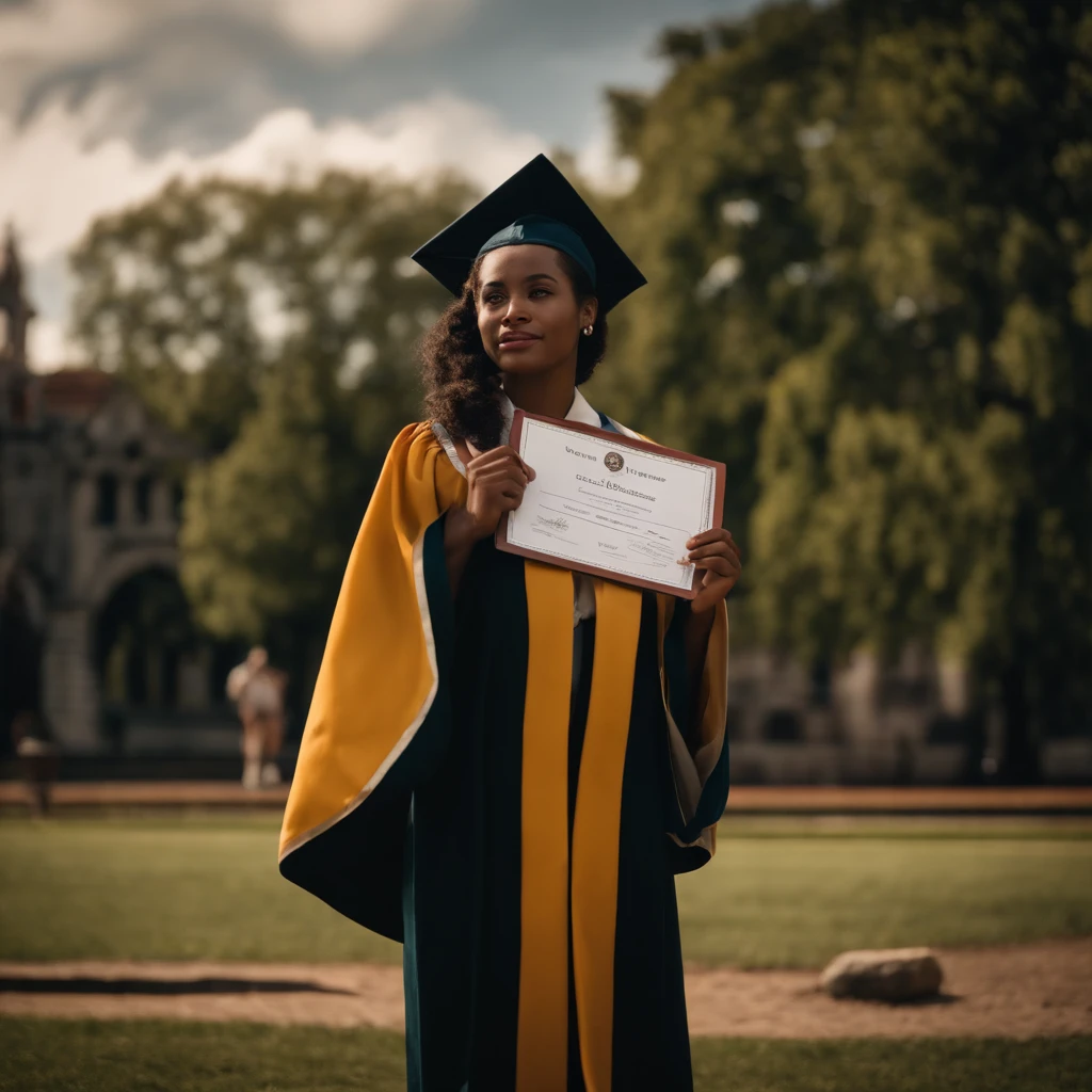 collegiate, mulata, de frente, with student clothes and diploma in hand