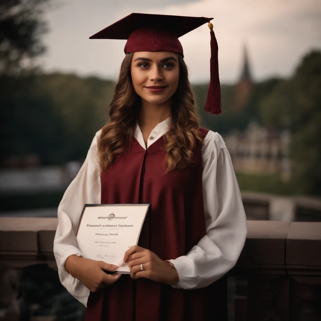 collegiate, mulata, de frente, with student clothes and diploma in hand