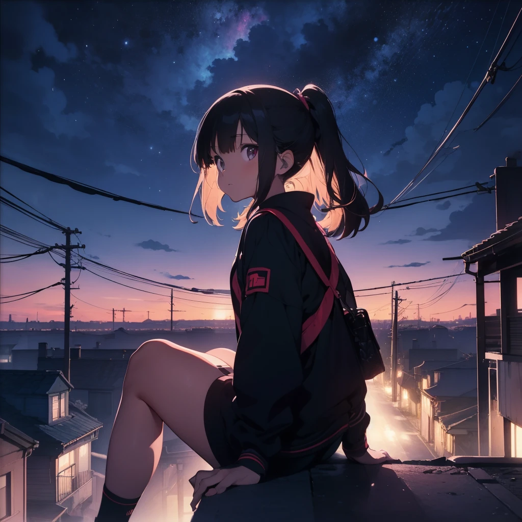 (zero), Girl sitting on the roof of an old house, Lo-fi images,Retro, flat,2.5D, night lights, Rooftop view, Neon Scape, Beautiful colorful night sky,sao ,Analog Color Theme, Fantasy ,line-art, Ink Drawing, Large ink line, watercolor, Goauche Colors, Studio Ghibli Style, Awesome colorful, Outer Ton, Synthwave, lofi art,90s style,Old texture, amplitude,90s vibe, Masterpiece, Vast technology