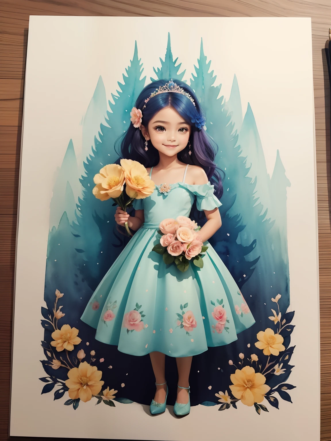Generate image of beautiful princess standing full length looking forward holding watercolor flowers smiling, Vestido azul floral rosa babado, alta qualidade, Com borda branca ao redor da imagem, Sem png de plano de fundo, 16k, sharped image.