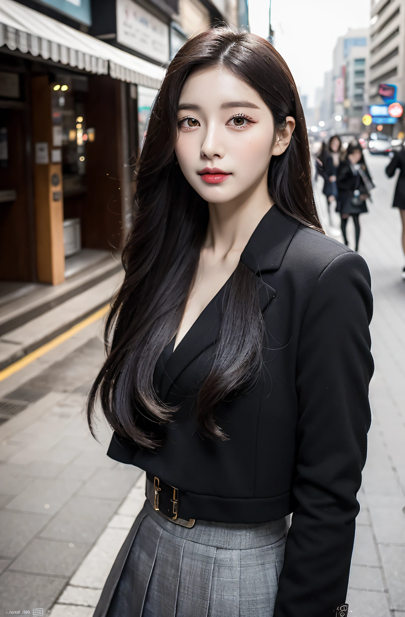 Alafard Asian woman in black pleated skirt standing on a city street, Gorgeous young Korean woman, Beautiful young Korean woman, beautiful Korean women, young beautiful woman, Korean woman, korean women's fashion model, Korean girl, female actress from korea, portrait of female korean idol, Asian girl with long hair, jaeyeon nam,
