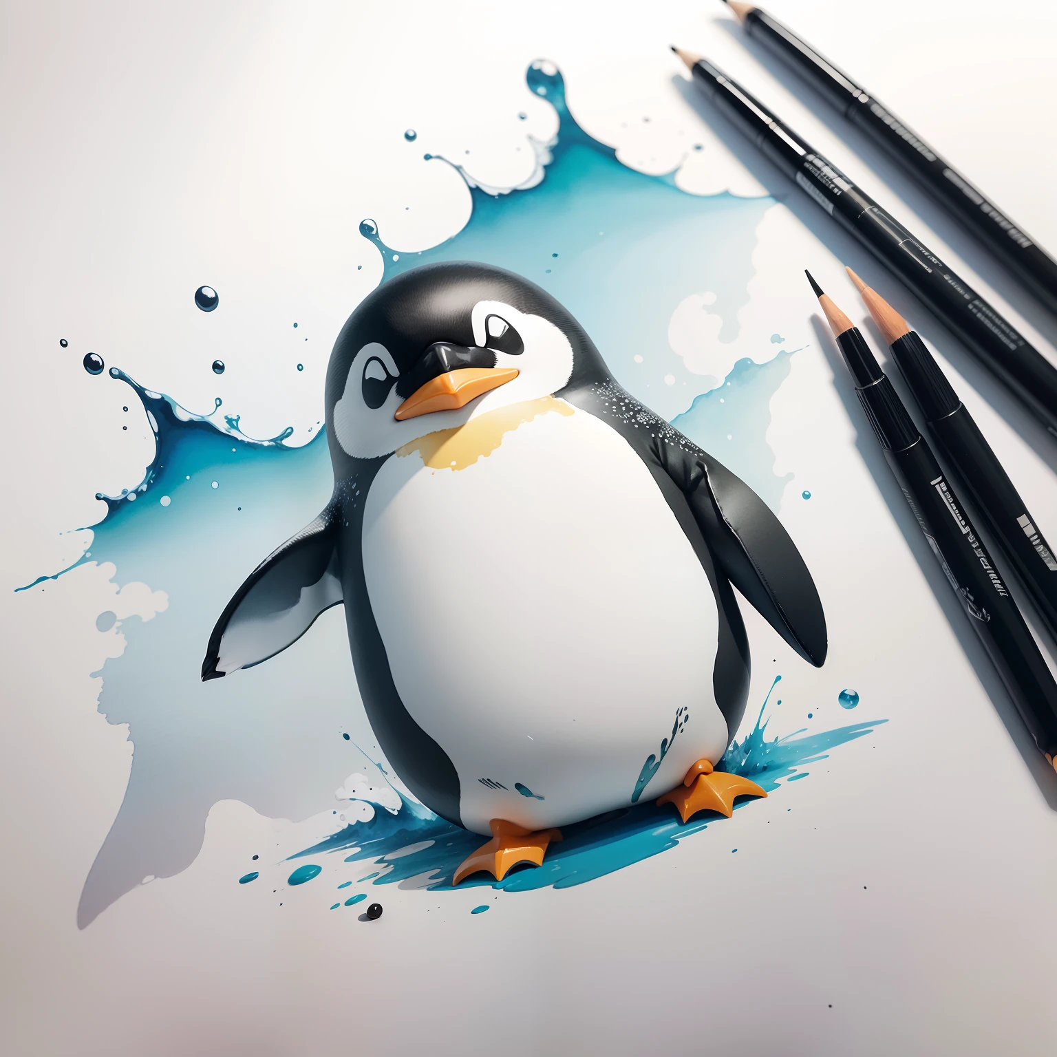 penguin、Dynamism、ink and watercolor painting、monochromes