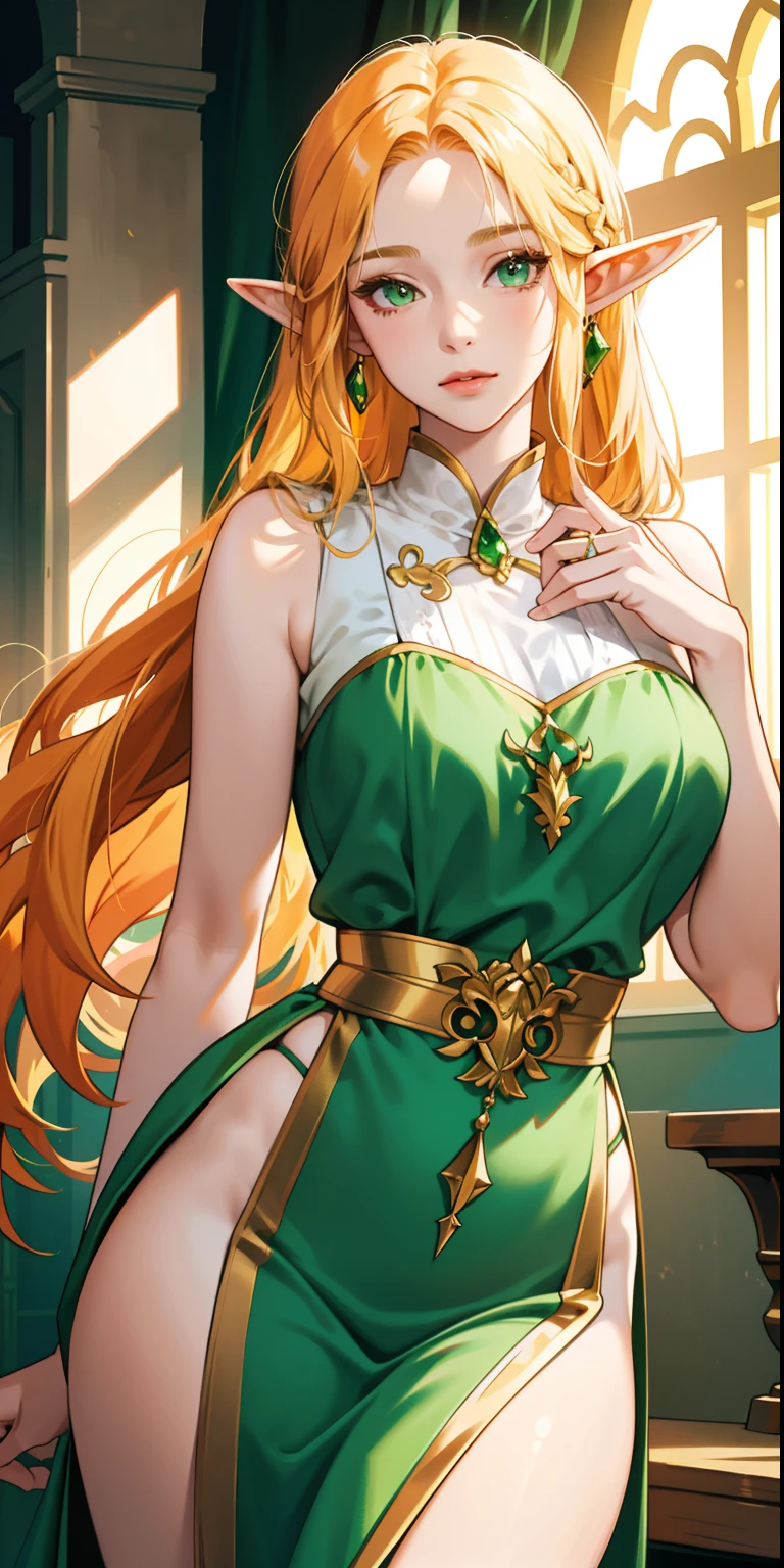 beautiful gorgeous female elf character, pale skin, gold and orange ombre hair, sleeveless green chemise, bright green eyes, curvy with slim waist, high quality masterpiece, ultrasharp