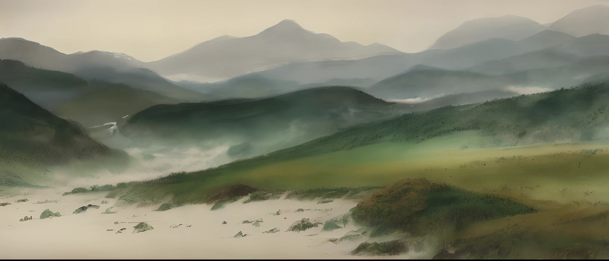 ancient wind,landscape painting,water ink,green mountains