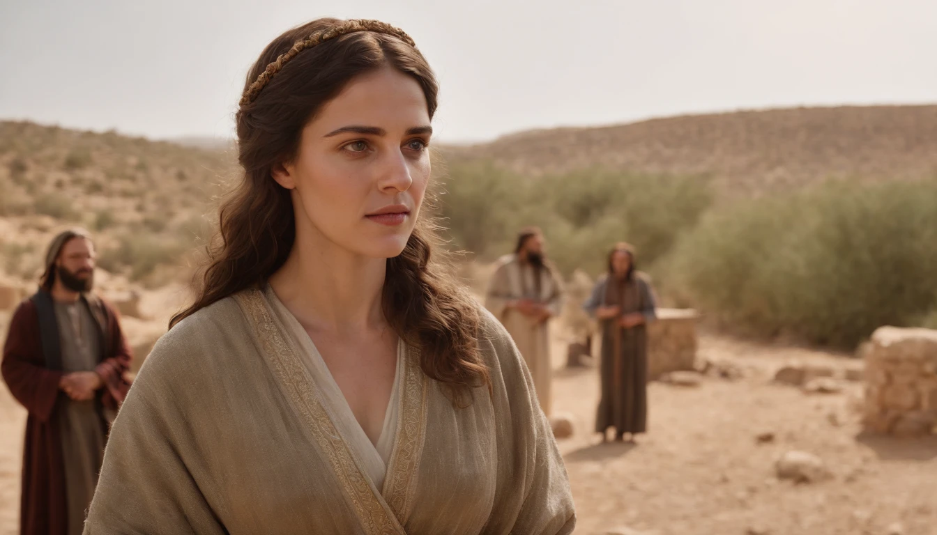 (melhor qualidade: 1.4), (Ultra Highres: 1.2), (fotorrealista: 1.4), (8k, Foto RAW: 1.2).The description of the Samaritan woman's physical appearance is not detailed in the biblical narrative, But her Samaritan background suggests she probably had similar traits to other people in the region. No historical-cultural context, The story of the Samaritan woman is set during a period of ethnic and religious tensions between Samaritans and Jews. His encounter with Jesus at Jacob's well highlights the message of spiritual equality and the importance of faith over cultural differences.