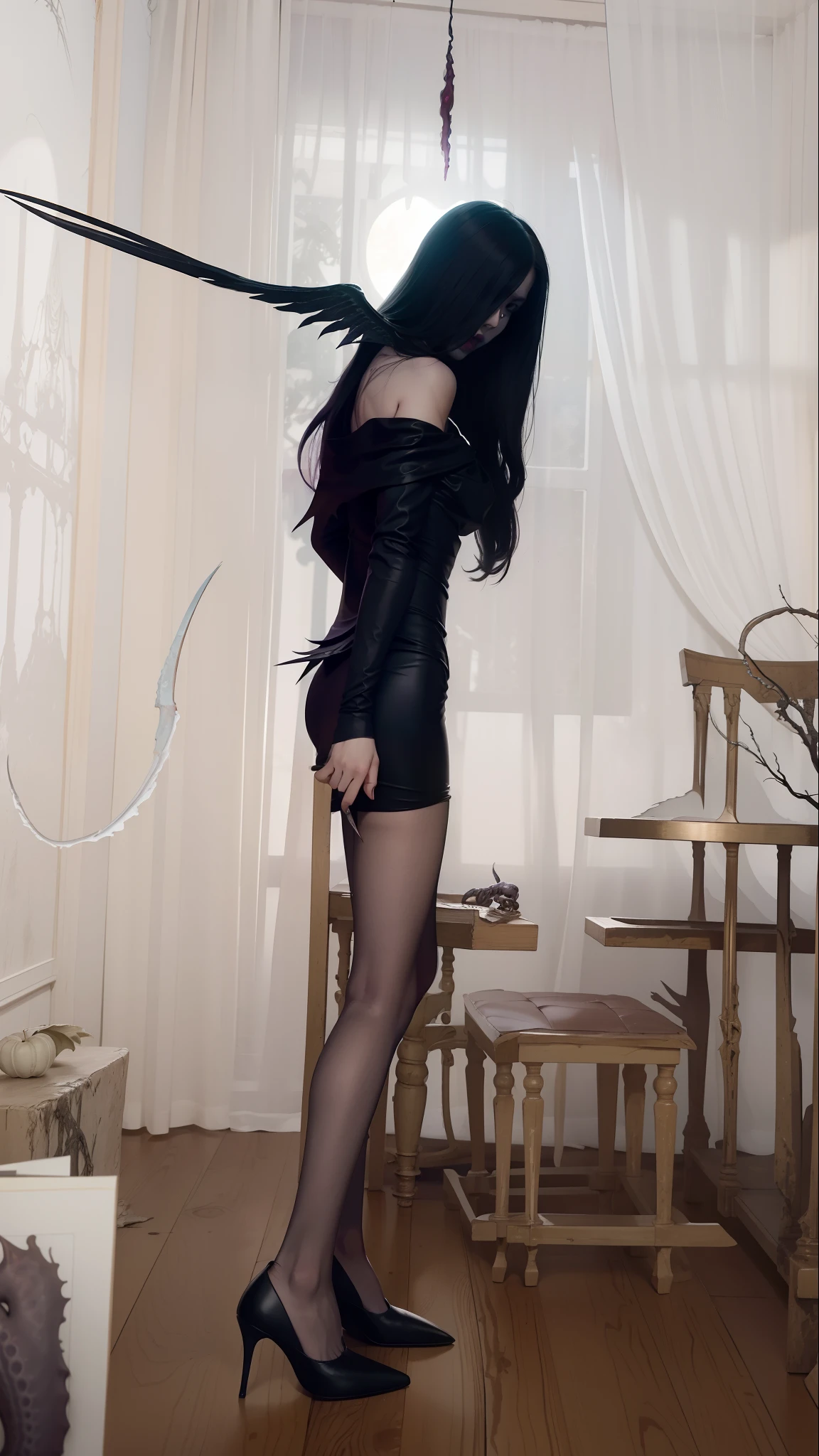 Fine matte paint,Skeleton Dark Angel, Haunted castle with large wings, Fill the drawing table with a knife,terroral,uncanny,horrid,secret terror,tentaculata,grape trees,The eye,uncanny valley effect teeth,all fours,Critters,Blood Moon,8K,Delicate face,high-heels