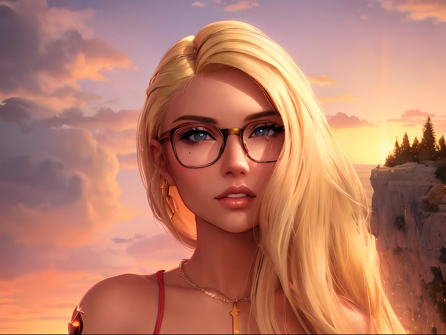 blond woman with glasses and a necklace standing on a cliff, second life avatar, !!wearing modern glasses!!, stylized portrait h 640, sunset glow around head, !!wearing glasses!!, stylized portrait h 1280, ((sunset)), glamor profile pose, imvu, sunset glow, inspired by Dulah Marie Evans