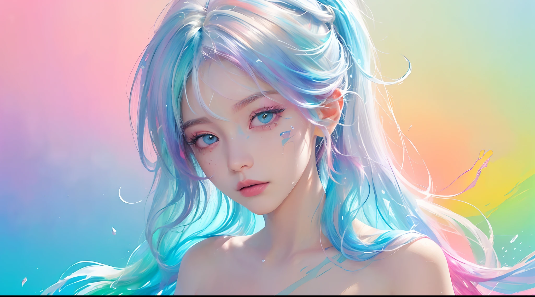 （Pink Fashion T-shirt：1.9），(Colorful hair: 1.8), (all the colours of the rainbow: 1.8),(((((vertical painting：1.6))), （painting：1.6），front, comics, illustrations, paintings, large eyes, crystal clear eyes,（ rainbow color gradient high ponytail：1.7）, exquisite makeup, closed mouth,(Small Fresh: 1.5),(Wipe Chest: 1.6) ，long eyelashes, white off shoulder T-shirt, White Shoulder Shirt，looking at the audience, large watery eyes, (rainbow colored hair：1.6), color splash, （solo：1.8）, color splash, color explosion, thick paint style, messy lines, ((shining))，(colorful), (colorful), (colorful), colorful, Thick Paint Style, (Splash) (Color Splash), Vertical Painting, Upper Body, Paint Splash, Acrylic Pigment, Gradient, Paint, Highest Image Quality, Highest Quality, Masterpiece, Solo, Depth of Field, Face Paint, colorful clothes, (Elegant: 1.2), gorgeous,long hair, wind, (Elegant: 1.3), (Petals: 1.4)，(((masterpiece))),(((best quality))),((ultra-detailed)),(illustration),(dynamic angle),((floating)),(paint),((disheveled hair)),(solo),(1girl) , (((detailed anima face))),((beautiful detailed face)),collar,bare shoulders,white hair, ((colorful hair)),((streaked hair)),beautiful detailed eyes,(Gradient color eyes),(((colorful eyes))),(((colorful background))),(((high saturation))),(((surrounded by colorful splashes))),