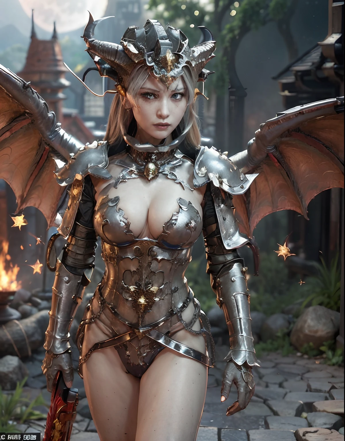 Professional , masterpiece、top-quality、photos realistic , depth of fields 、(Dragon Black Metal Body:1.9),(Enamel Black、(cleavage of the breast)、Mystical expression、(fullmoon:1.2)、(shooting stars:0.9)、(nebulas:1.3)、Dragon Gold Weapon、(Silver Micro Bikini Armor:1.4),Gorgeous gold weapons ,Particles of light、(( Dragon's dense and gorgeous sword)) , (demonic wings)、((a blond))、(Castle background)、((Gangle's forest background))、((Fight dragons))、Beautiful Caucasian beauty、1a person、dynamic ungle,(((Detailed and ornate dragon helmet)))、Smaller head、A smile、Castle background、Thin and beautiful female hands、cleavage of the breast、Soldier in iron armor on background、Mystical expression、Light Effects、intense fighting、Wind-effect、magic circles、With the legendary magic wand、Dragon's tail、explosions、Anatomically correct body、