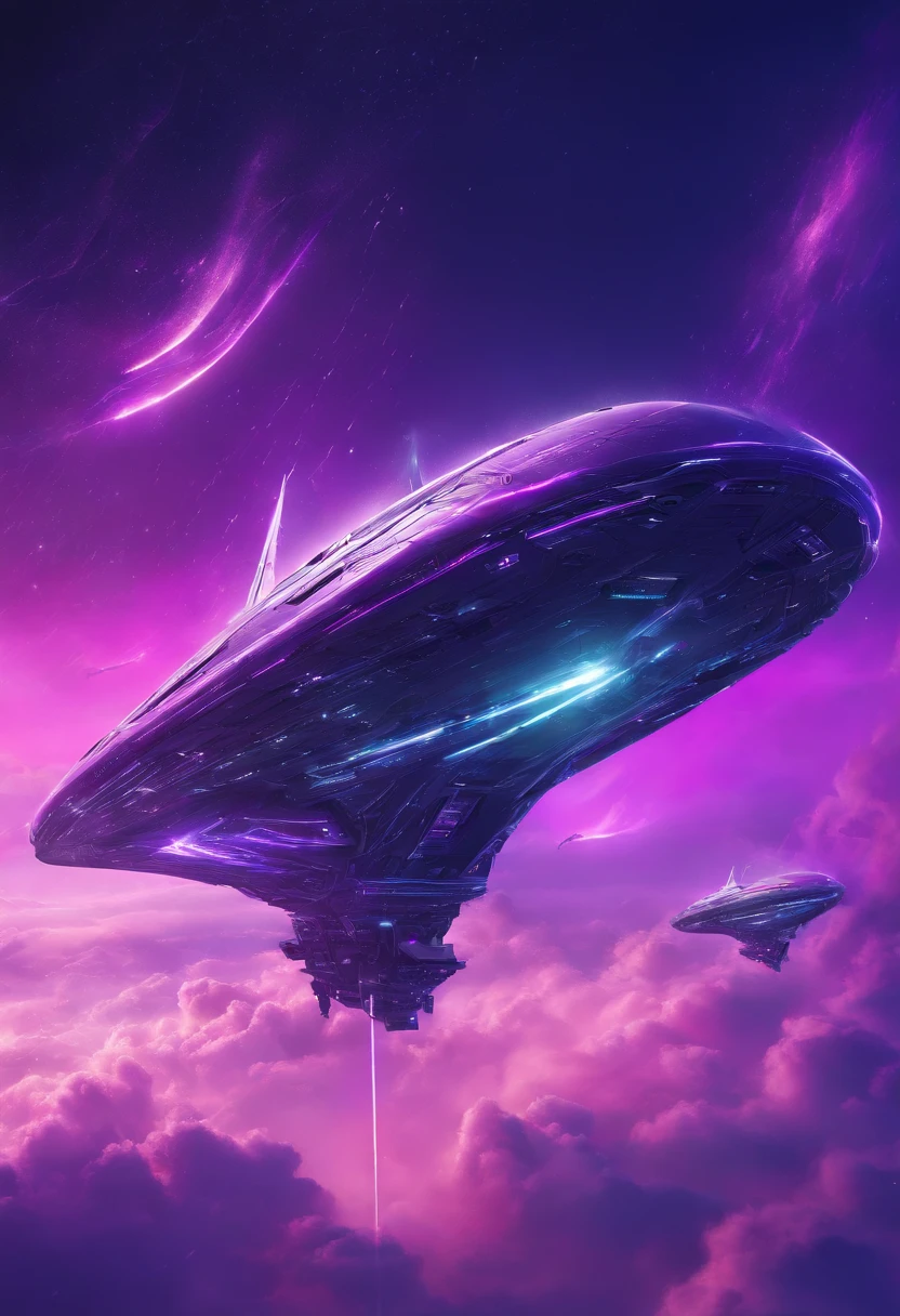 Futuristic alien spaceships flying abovethe clouds, dark sky, purple lighting, rain,lightning, hyper realistic, highly detailed,8k
