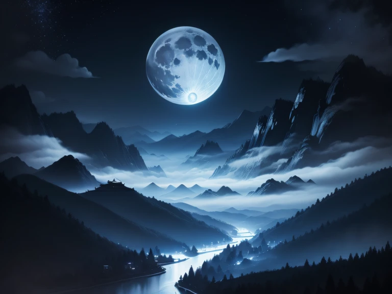 an Chinese ink painting style,Rolling mountains,Full moon night,Dark blue tones