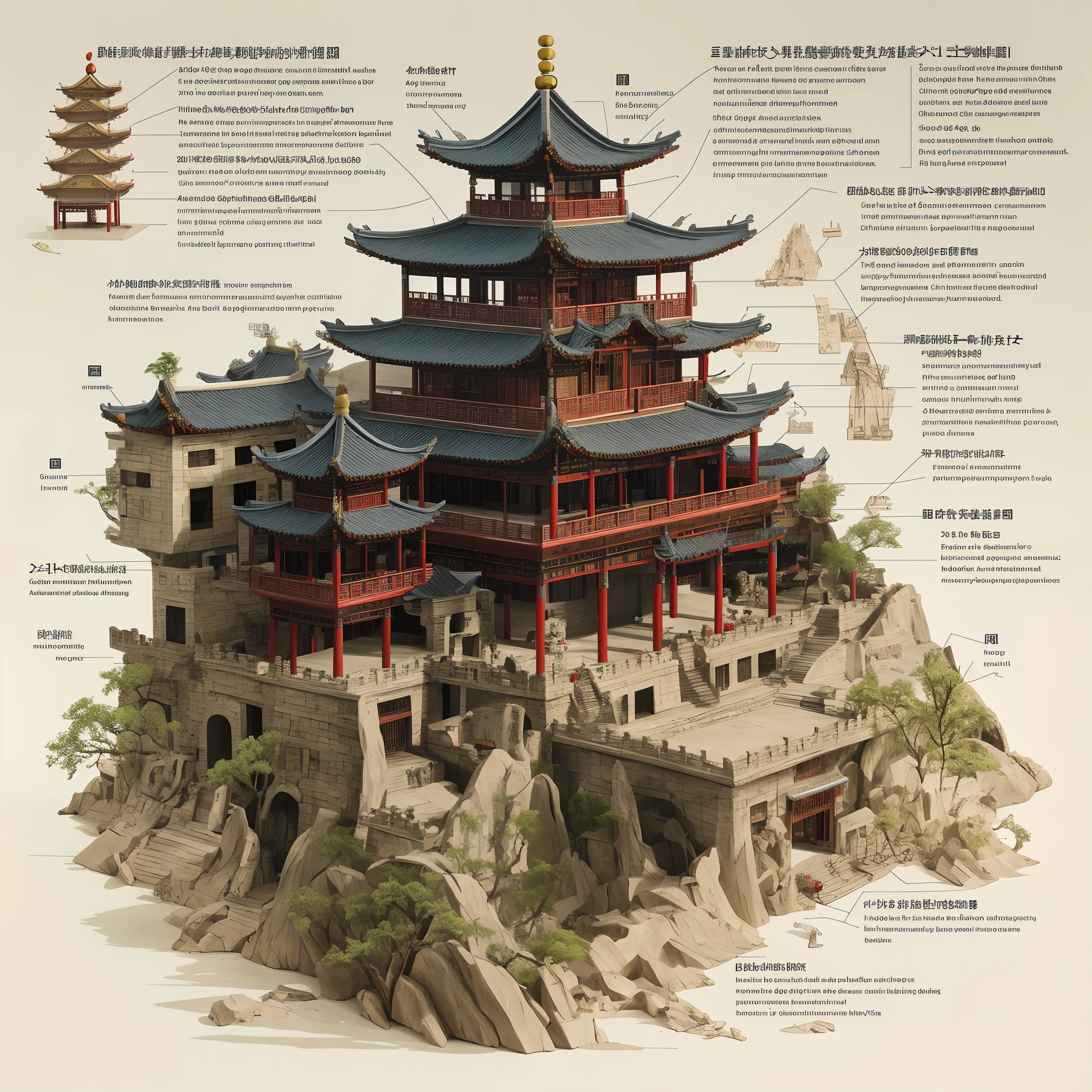 Traditional Chinese architectural structure diagram, decomposition, description, details,pop-up book,