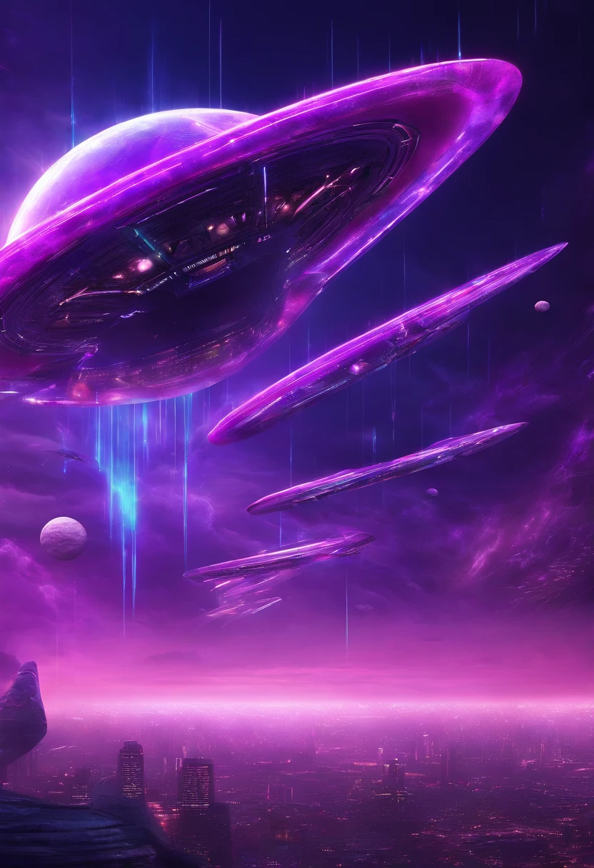 Futuristic alien spaceships flying abovethe space Nova planets and xlouds, dark sky, purple lighting, rain,lightning, hyper realistic, highly detailed,8k