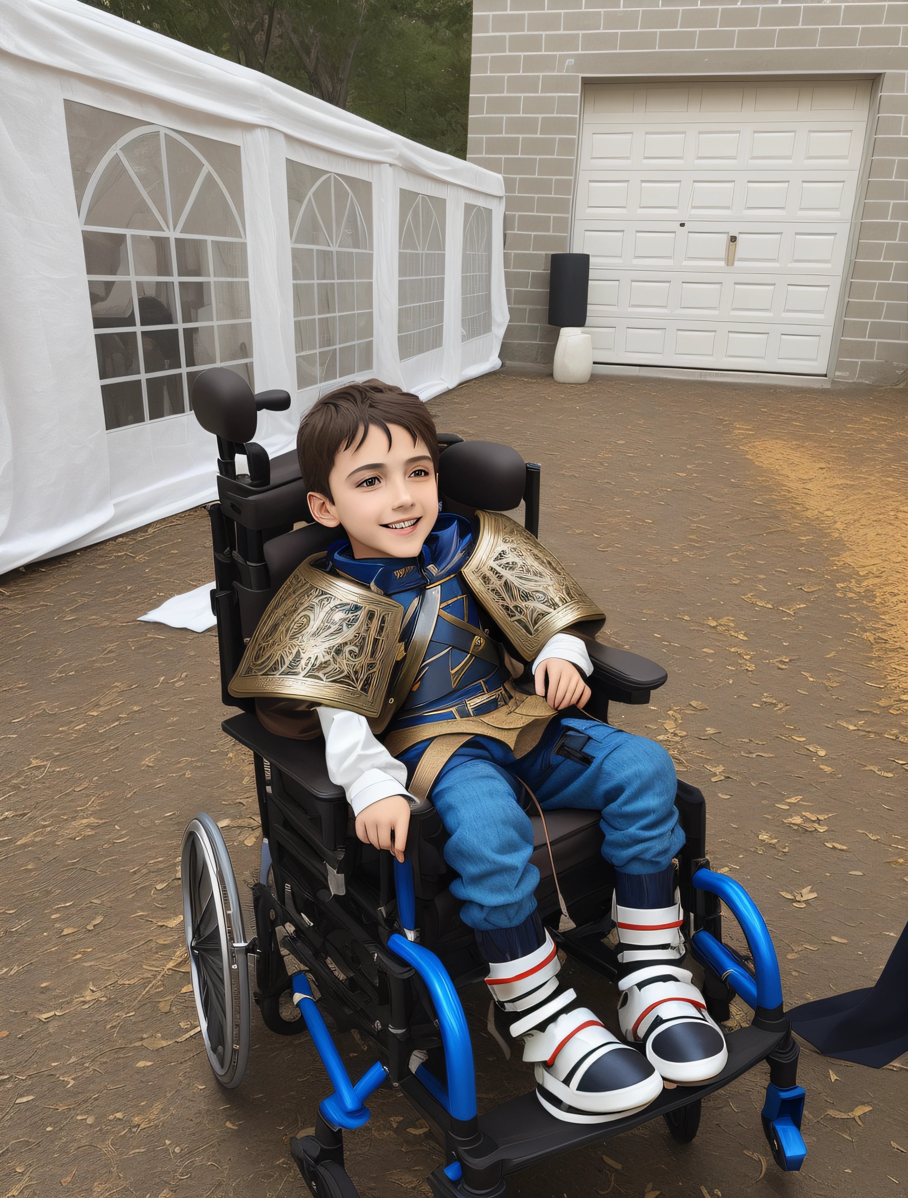 A boy in a wheelchair, dressed as a majestic Italian-European knight, is rendered in 8K resolution with sharp focus and anime-style detail.