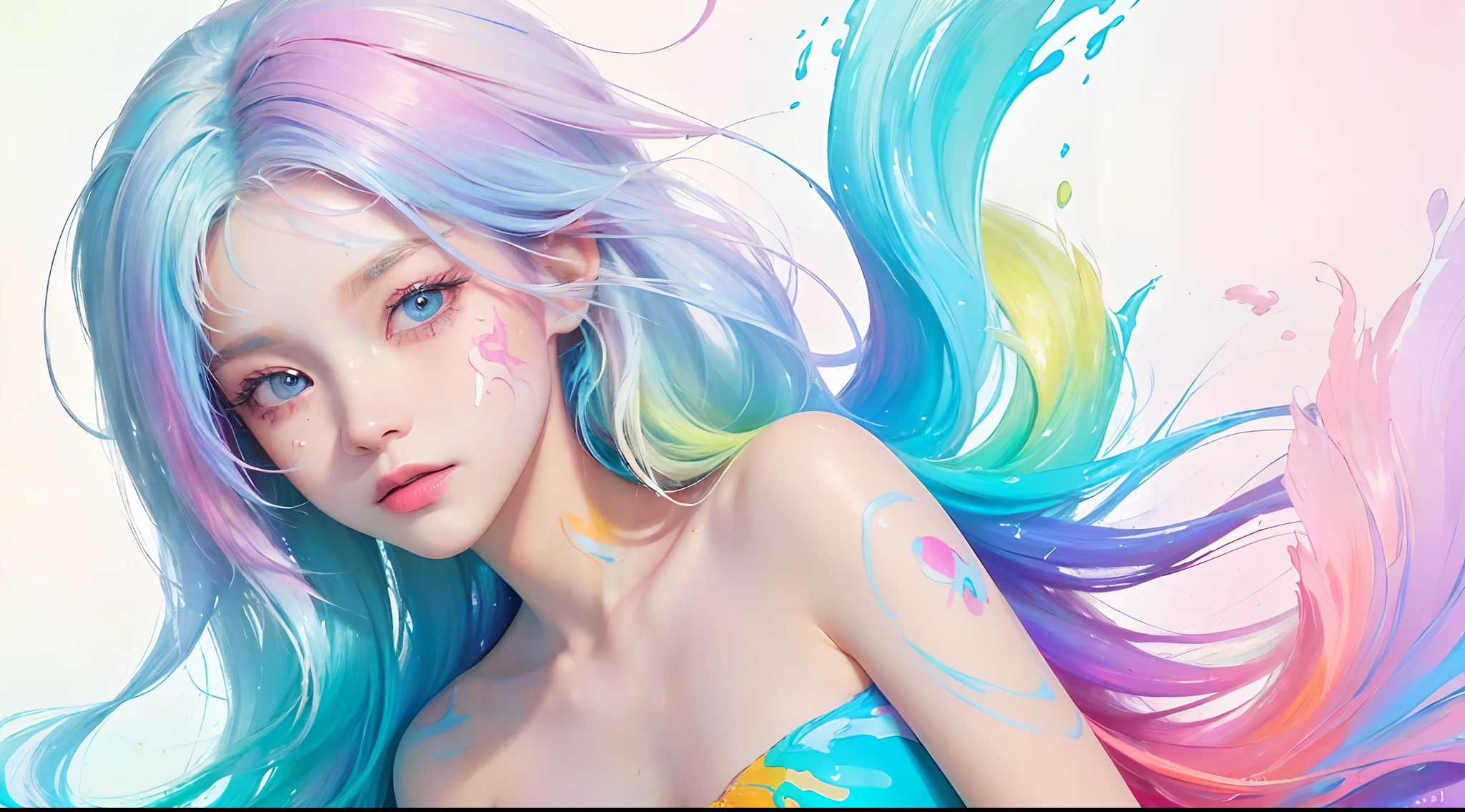 (Pink Fashion T-shirt:1.9),(Colorful hair: 1.8), (all the colours of the rainbow: 1.8),(((((vertical painting:1.6))), (painting:1.6),front, comics, illustrations, paintings, large eyes, crystal clear eyes,( rainbow color gradient high ponytail:1.7), exquisite makeup, closed mouth,(Small Fresh: 1.5),(Wipe Chest: 1.6) ,long eyelashes, white off shoulder T-shirt, White Shoulder Shirt,looking at the audience, large watery eyes, (rainbow colored hair:1.6), color splash, (solo:1.8), color splash, color explosion, thick paint style, messy lines, ((shining)),(colorful), (colorful), (colorful), colorful, Thick Paint Style, (Splash) (Color Splash), Vertical Painting, Upper Body, Paint Splash, Acrylic Pigment, Gradient, Paint, Highest Image Quality, Highest Quality, Masterpiece, Solo, Depth of Field, Face Paint, colorful clothes, (Elegant: 1.2), gorgeous,long hair, wind, (Elegant: 1.3), (Petals: 1.4),(((masterpiece))),(((best quality))),((ultra-detailed)),(illustration),(dynamic angle),((floating)),(paint),((disheveled hair)),(solo),(1girl) , (((detailed anima face))),((beautiful detailed face)),collar,bare shoulders,white hair, ((colorful hair)),((streaked hair)),beautiful detailed eyes,(Gradient color eyes),(((colorful eyes))),(((colorful background))),(((high saturation))),(((surrounded by colorful splashes))),