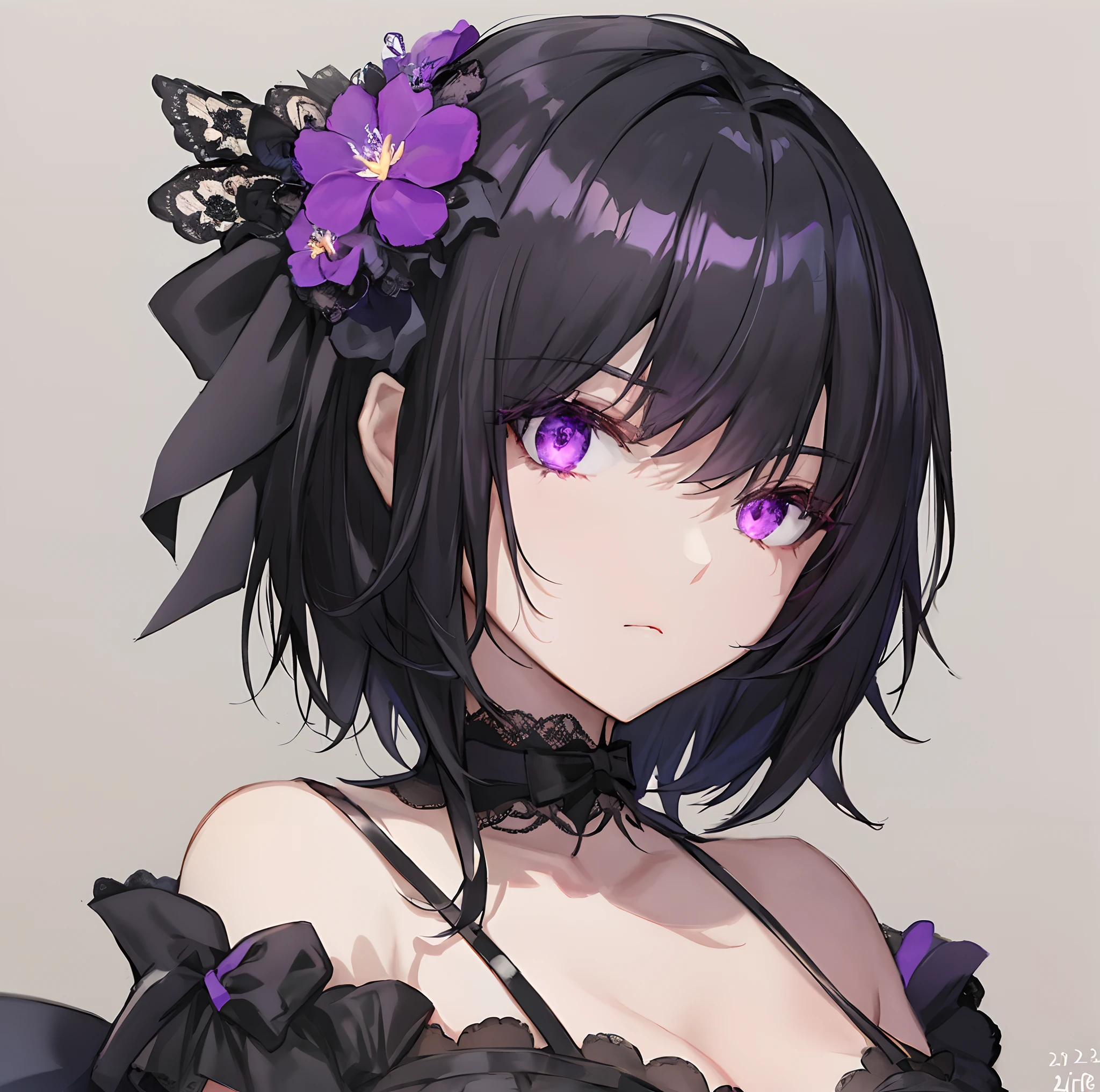 anime girl, purple eyes, strong colors, black hair, short hair, detailed light, dynamic light, purple light on hair, black dress, dated anime artstyle, goth girl, grimdark, anime style portrait, gothic maiden anime girl, bra strap, black bra strap, cleavage, small breasts, looking at viewer, flower on hair, purple flower, bow on hair, black bow, neutral expression, closed mouth, lace choker, black lace choker