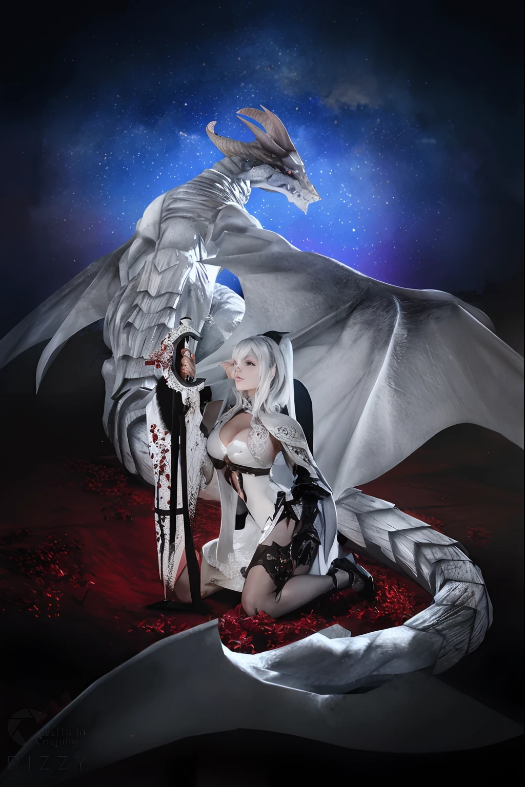 There is a woman sitting on a red carpet with a dragon, Drakengard, fantasy photoshoot, Battle with the Dragon, 2 b, 2b, demonic dragon inspired armor, fantasy character photo, nier inspired, Armadura inspirada en dragones, Foto cosplay, del linaje 2, armadura blanca, [[fantasy]], fantasy inspired dragon armor, Dragon Slayer, jessica nigri