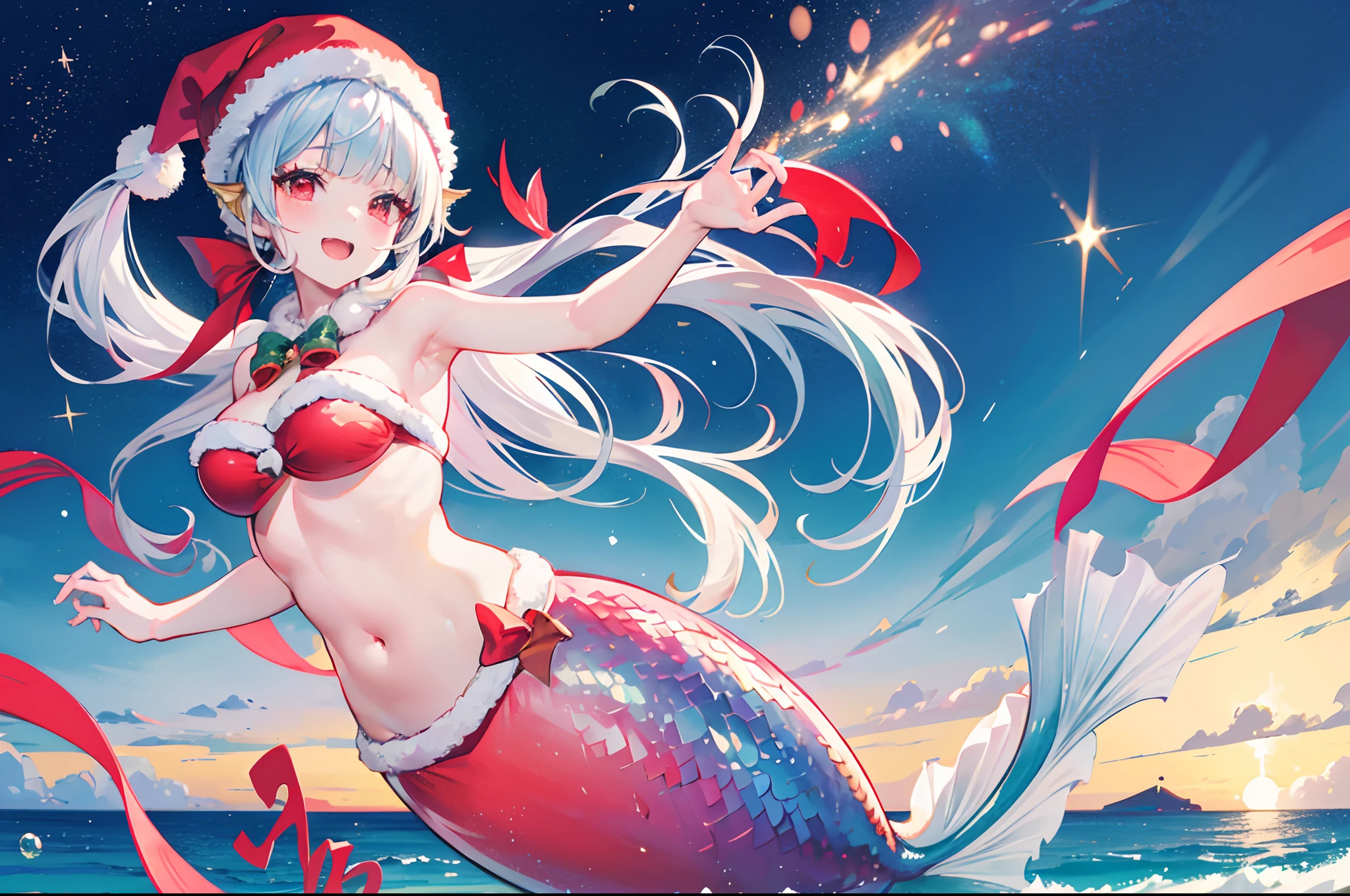 Best Quality, Extremely detailed, Anime, 1girl in, Solo, Laughing, Standing, Dynamic Angle, (mermaid:1.4), (santa costume|Bikini), santa hat, Red Eyes, (Twin tail:1.2), White hair, Christmas tree, Christmas, at sea,