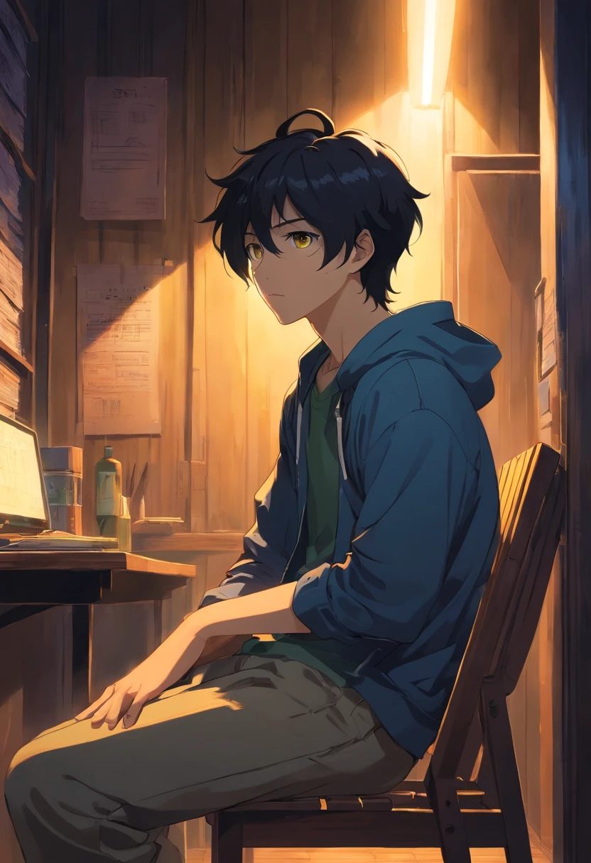 Black hair, yellow eye, young guy sitting on wooden chair, very dark room, night time, european room.