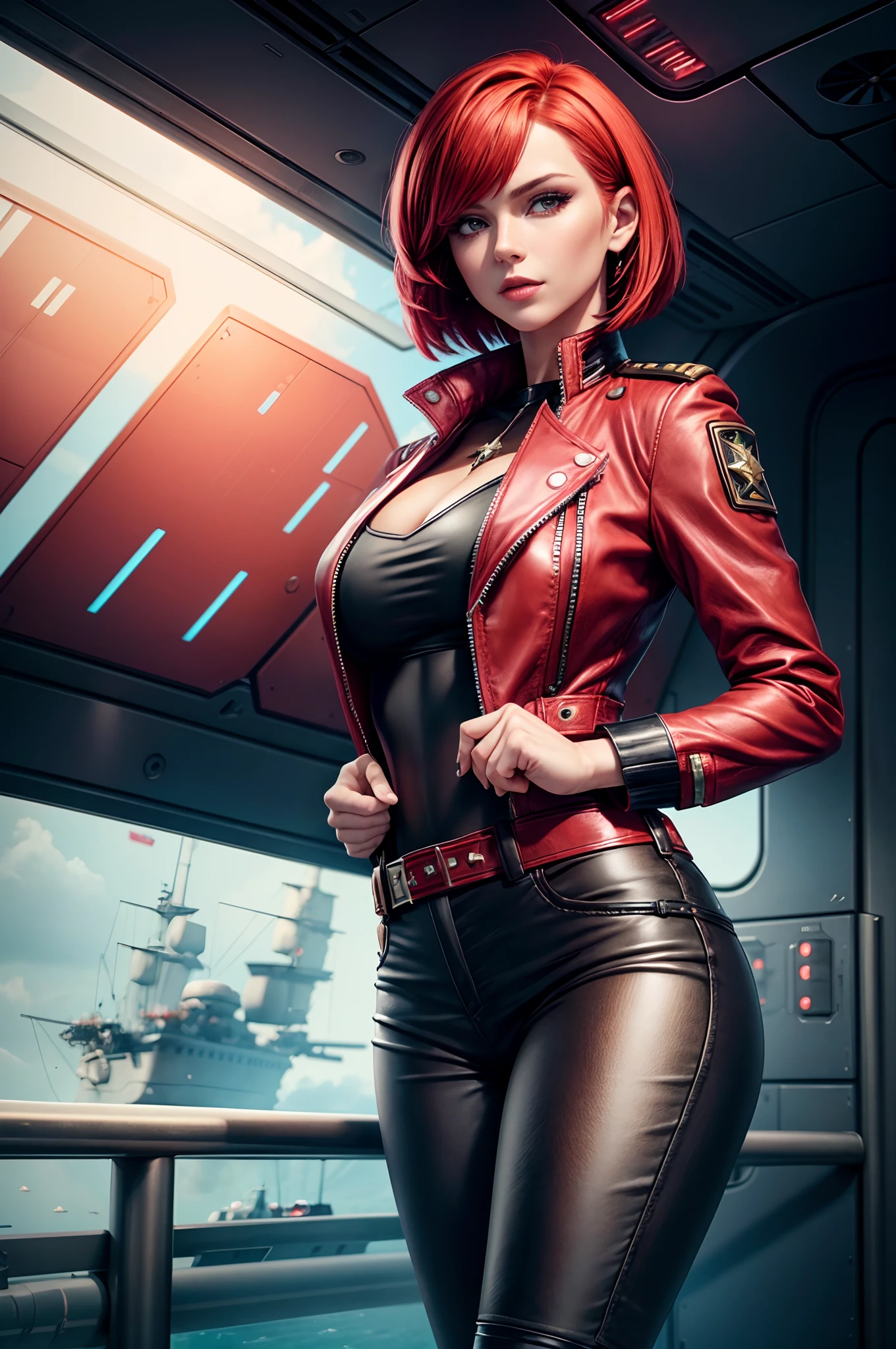 A-Line Bob, Ruby Red hair, beautiful woman, starship captain, short open jacket, cowboy shot, flirty, military bearing, standing, pirate, on a starship bridge, leather pants,