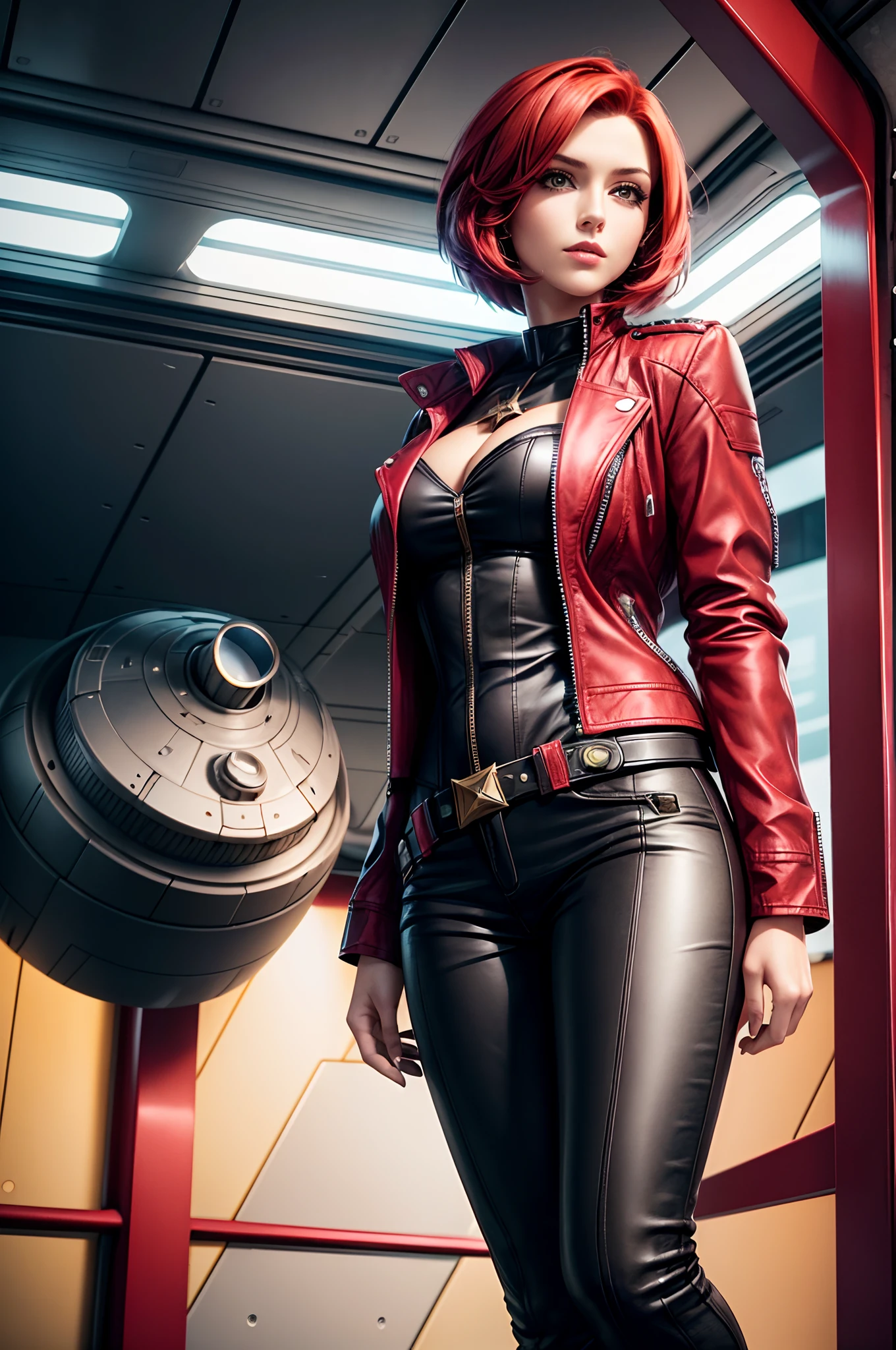 A-Line Bob, Ruby Red hair, beautiful woman, starship captain, short open jacket, cowboy shot, flirty, military bearing, standing, pirate, on a starship bridge, leather pants,