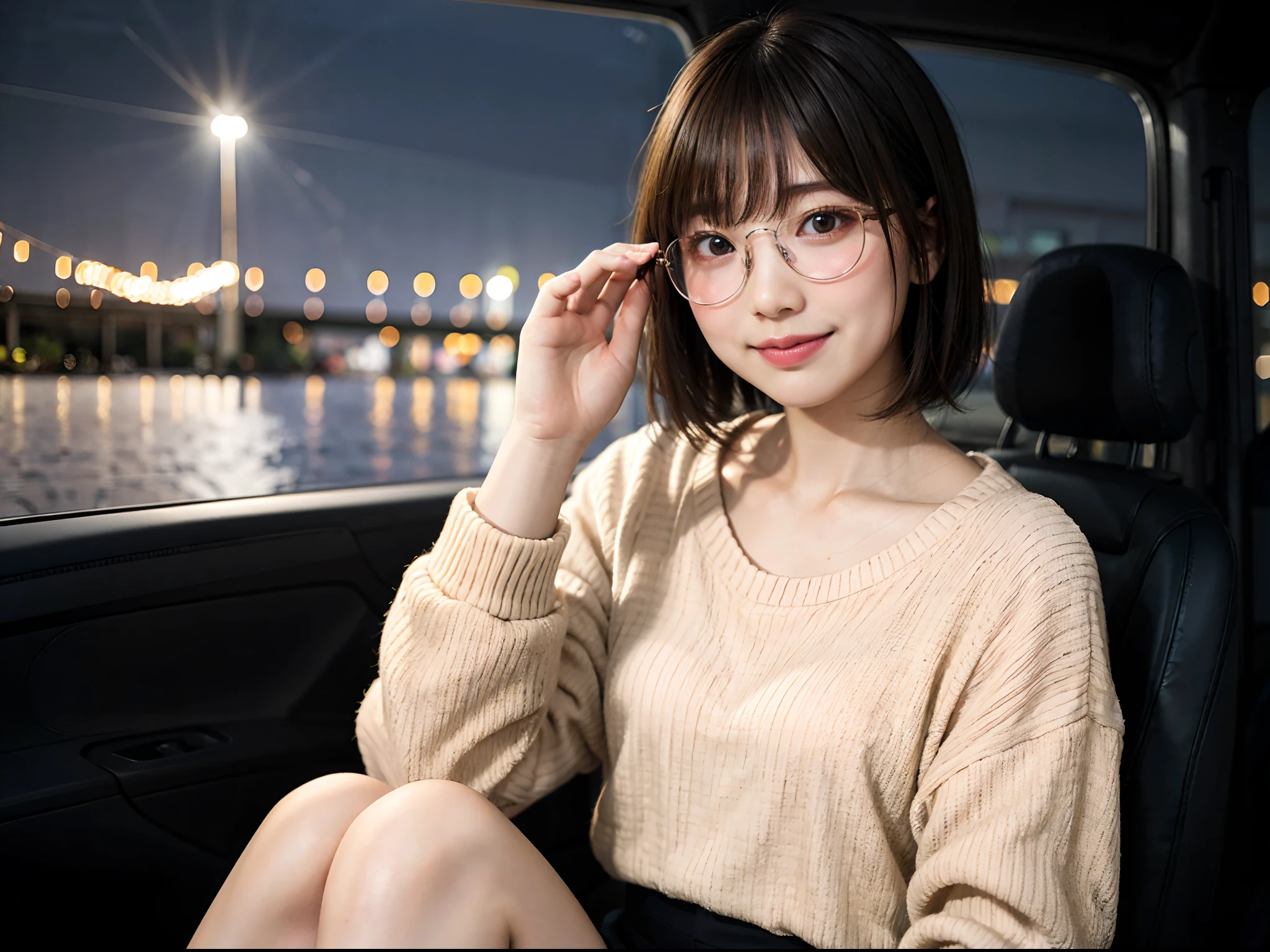 Japan girls in casual clothes、Sitting in the passenger seat of the car、Watch your audience、Tokyo cityscape at night、(top-quality、Master masterpiece)))、HD fine、ighly detailed、Master masterpiece、电影灯光、(8K、top-quality、Master masterpiece:1.2)、(realisitic、Photorealsitic:1.37) Hi-Res、Super Detail、Woman with glasses、Silent look、Round glasses、Asian, cute little, Cute face, Solo, Short hair 1.2, Textured skin, Beautiful smile, Beautiful detailed night sky, night landscape, 电影灯光, depth of fields, Lens flare light、Dating、(blush nose)、、(Mouth closed)tiny chest、Beautiful eye for detail、(Sweaters:1.1)、(Short hair:1.2)、Floating hair Nova frog style