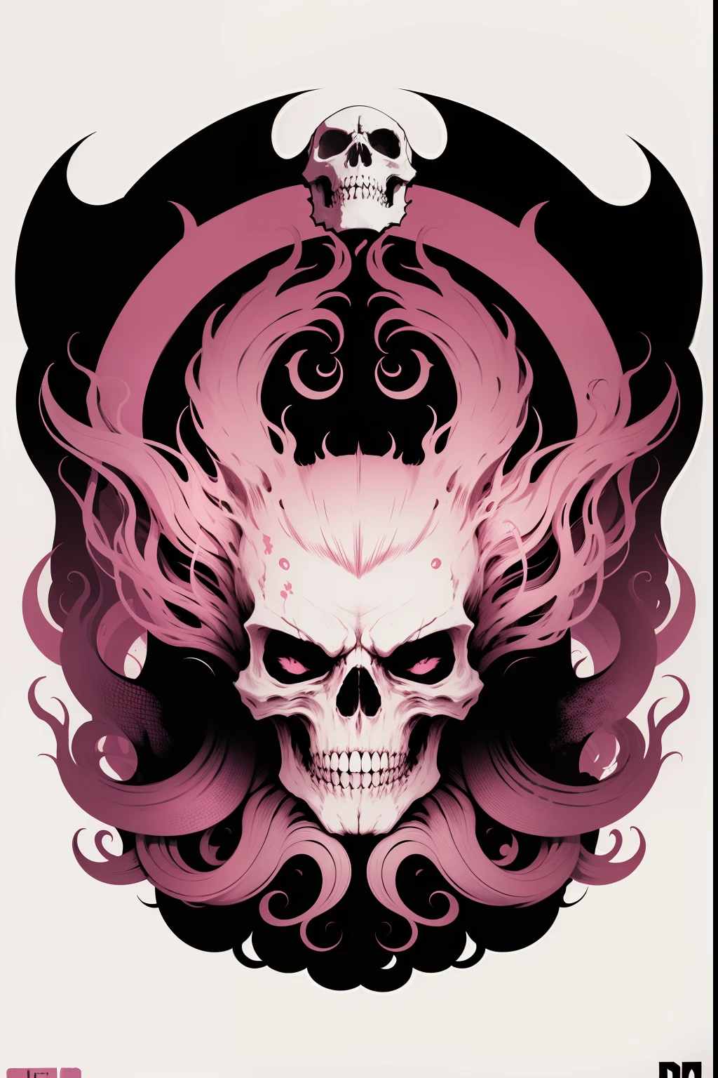 Scary monster Kraken, Pink skull, graphic design poster, logo, duotone, vectorial，Red dominant color，Pink color scheme，white backgrounid，Symmetrical pattern