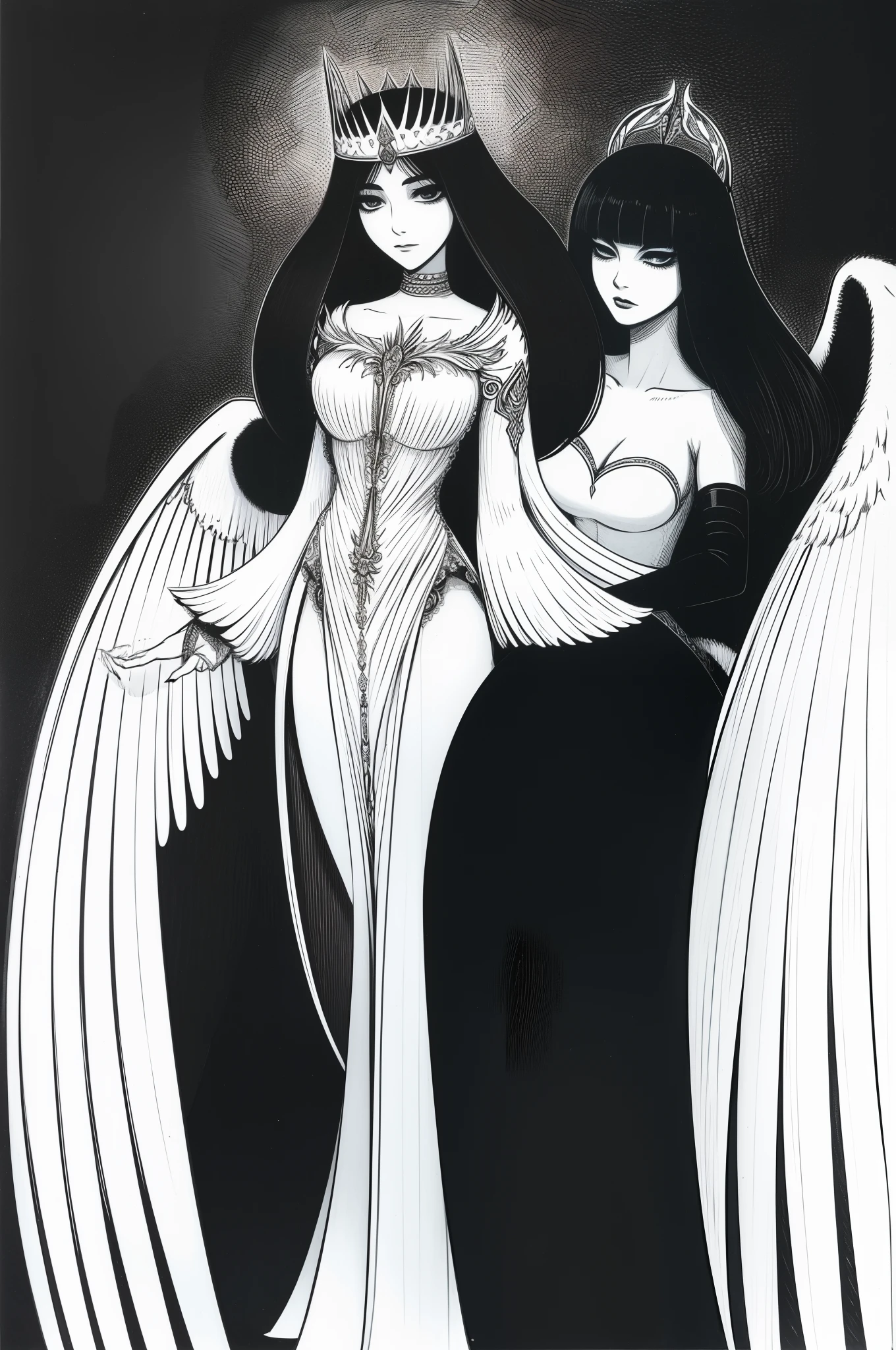(best quality), ((masterpiece)), (highers), original, extremely detailed CG unity 8k wallpaper, (white is maincolor:1.5),meture female,lady, 1 girl,cowboy shot, indigo hair, indigo lips,indigo eyeshadow,closed eyes, indigo tear stains,small breasts,angel wings, hood,symmetry, long hair, halo, dress, own hands together, bare shoulders, white dress, angel wings, detached sleeves, angel, hair between eyes, closed mouth, feathered wings, bangs, wide sleeves, glowing, long sleeves, jewelry, strapless, strapless dress, detached collar, very long hair, standing, praying, laurel crown,