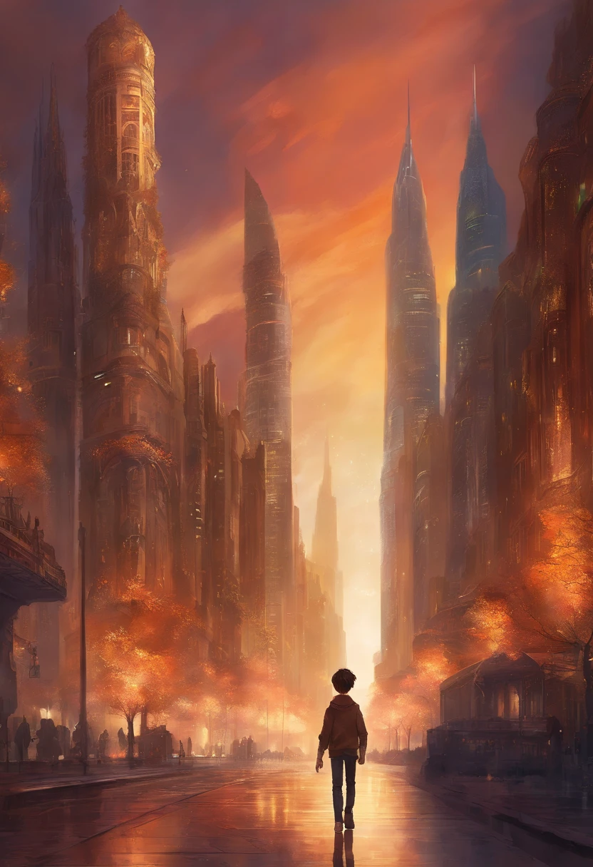a young boy, brown hair and fair skin, tall, walking in an avenue in front of a narrow colored building flanked by tall skyscrapers. it's cloudy