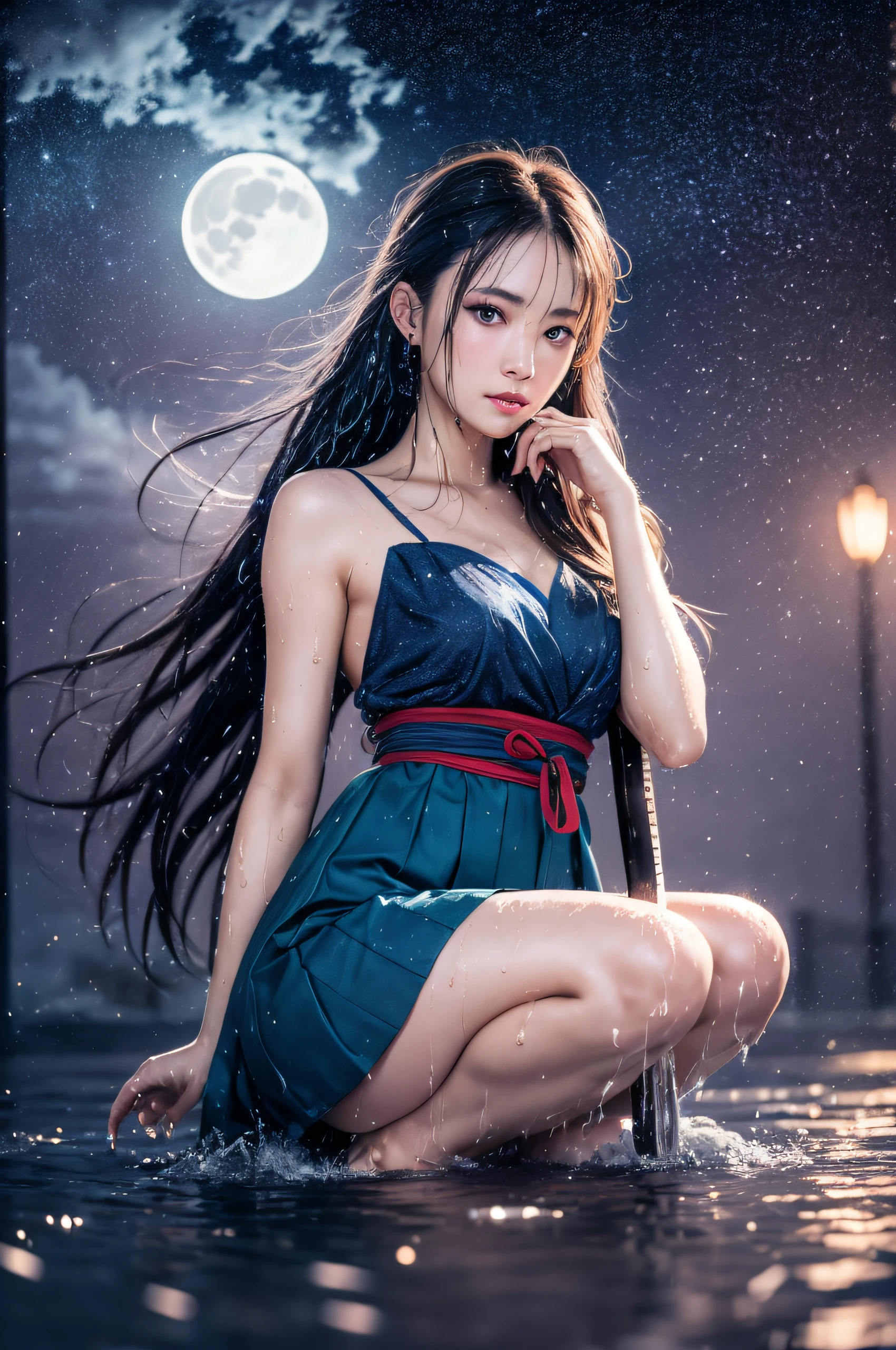 8k, High Resolution, high contrast, beautiful girl, beautiful body, full body, long hair, blue eyes, beautiful face, japanese dress, short skirt, cleavege, moonlight, wet ground, lot of stars in the sky, raindrops, dark blue sky, holding a katana,