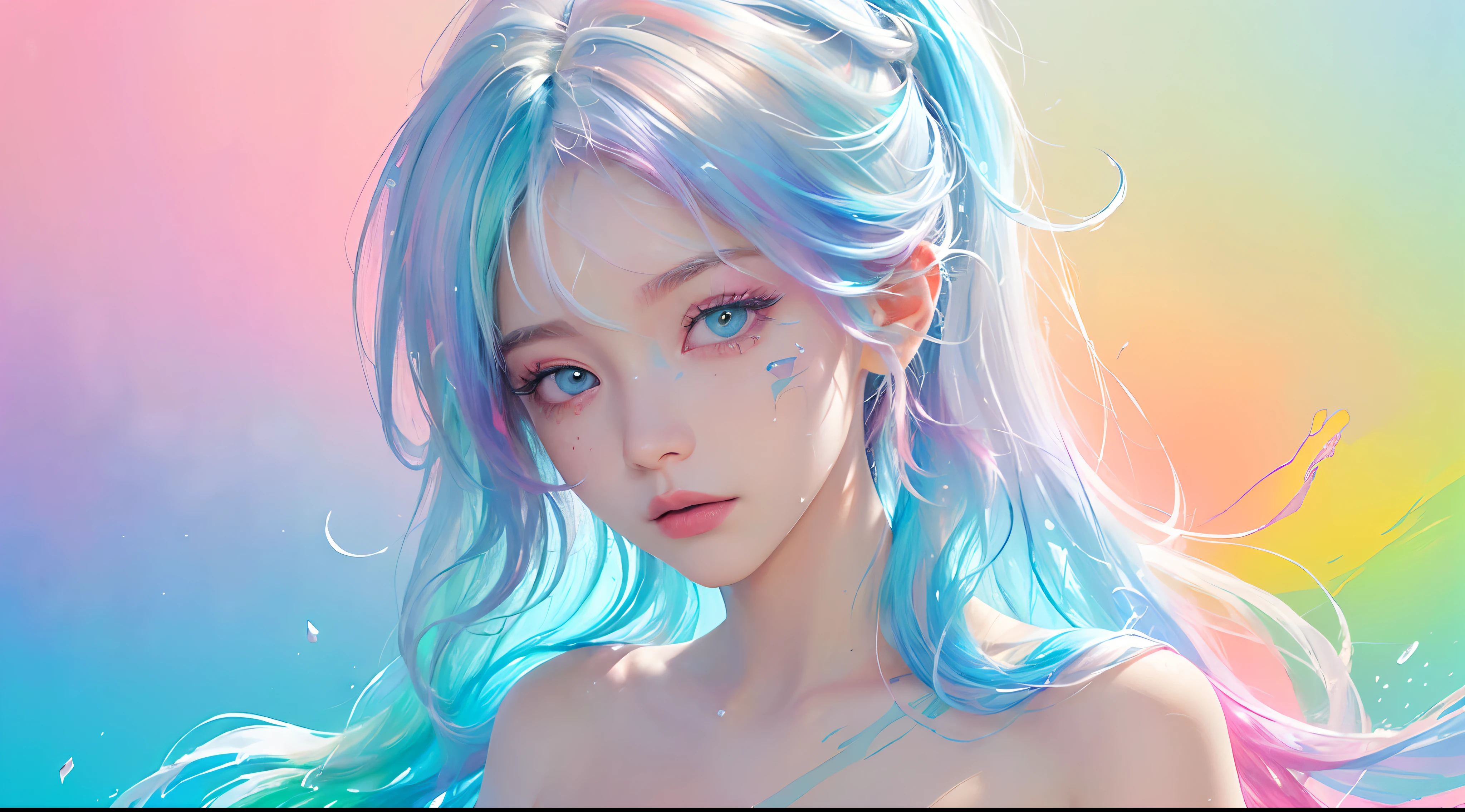 (Pink Fashion T-shirt:1.9),(Colorful hair: 1.8), (all the colours of the rainbow: 1.8),(((((vertical painting:1.6))), (painting:1.6),front, comics, illustrations, paintings, large eyes, crystal clear eyes,( rainbow color gradient high ponytail:1.7), exquisite makeup, closed mouth,(Small Fresh: 1.5),(Wipe Chest: 1.6) ,long eyelashes, white off shoulder T-shirt, White Shoulder Shirt,looking at the audience, large watery eyes, (rainbow colored hair:1.6), color splash, (solo:1.8), color splash, color explosion, thick paint style, messy lines, ((shining)),(colorful), (colorful), (colorful), colorful, Thick Paint Style, (Splash) (Color Splash), Vertical Painting, Upper Body, Paint Splash, Acrylic Pigment, Gradient, Paint, Highest Image Quality, Highest Quality, Masterpiece, Solo, Depth of Field, Face Paint, colorful clothes, (Elegant: 1.2), gorgeous,long hair, wind, (Elegant: 1.3), (Petals: 1.4),(((masterpiece))),(((best quality))),((ultra-detailed)),(illustration),(dynamic angle),((floating)),(paint),((disheveled hair)),(solo),(1girl) , (((detailed anima face))),((beautiful detailed face)),collar,bare shoulders,white hair, ((colorful hair)),((streaked hair)),beautiful detailed eyes,(Gradient color eyes),(((colorful eyes))),(((colorful background))),(((high saturation))),(((surrounded by colorful splashes))),