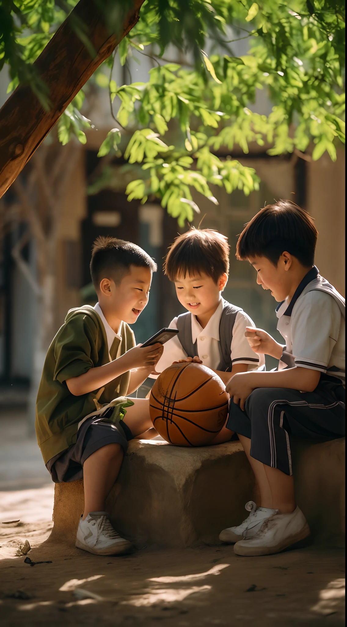 3 Chinese children，One of the children held a mobile phone in his hand，A child holding a basketball，Under the trees of the rural house，Sit on a wooden stool，Get together and look at your phone happily，In the daytime，Sunny and sunny，Nice lighting，real photograph，a warm color palette，documentary photography，Leica camera，Canon camera，16k，Ultra-high pixel，Lots of detail