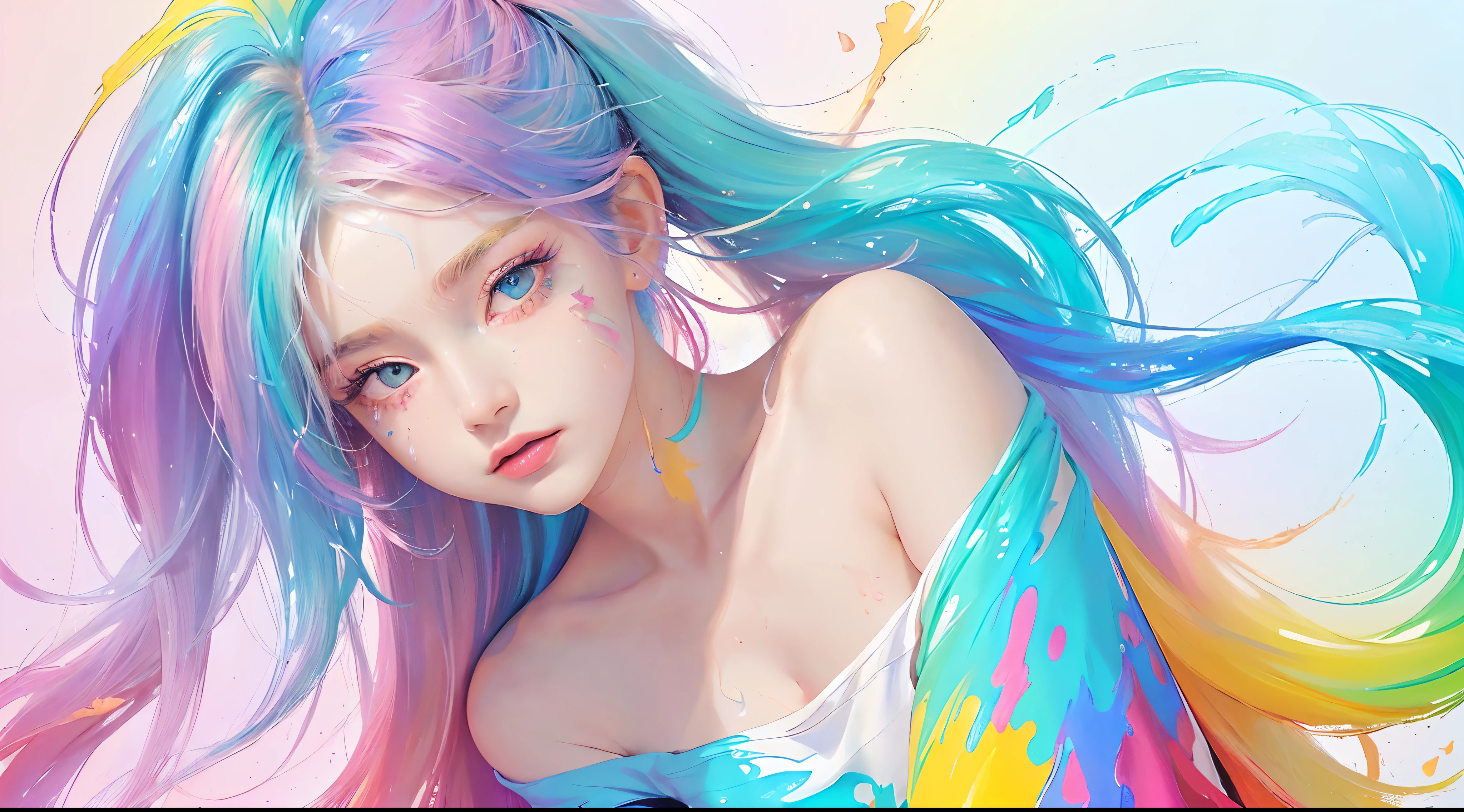 (Pink Fashion T-shirt:1.9),(Colorful hair: 1.8), (all the colours of the rainbow: 1.8),(((((vertical painting:1.6))), (painting:1.6),front, comics, illustrations, paintings, large eyes, crystal clear eyes,( rainbow color gradient high ponytail:1.7), exquisite makeup, closed mouth,(Small Fresh: 1.5),(Wipe Chest: 1.6) ,long eyelashes, white off shoulder T-shirt, White Shoulder Shirt,looking at the audience, large watery eyes, (rainbow colored hair:1.6), color splash, (solo:1.8), color splash, color explosion, thick paint style, messy lines, ((shining)),(colorful), (colorful), (colorful), colorful, Thick Paint Style, (Splash) (Color Splash), Vertical Painting, Upper Body, Paint Splash, Acrylic Pigment, Gradient, Paint, Highest Image Quality, Highest Quality, Masterpiece, Solo, Depth of Field, Face Paint, colorful clothes, (Elegant: 1.2), gorgeous,long hair, wind, (Elegant: 1.3), (Petals: 1.4),(((masterpiece))),(((best quality))),((ultra-detailed)),(illustration),(dynamic angle),((floating)),(paint),((disheveled hair)),(solo),(1girl) , (((detailed anima face))),((beautiful detailed face)),collar,bare shoulders,white hair, ((colorful hair)),((streaked hair)),beautiful detailed eyes,(Gradient color eyes),(((colorful eyes))),(((colorful background))),(((high saturation))),(((surrounded by colorful splashes))),