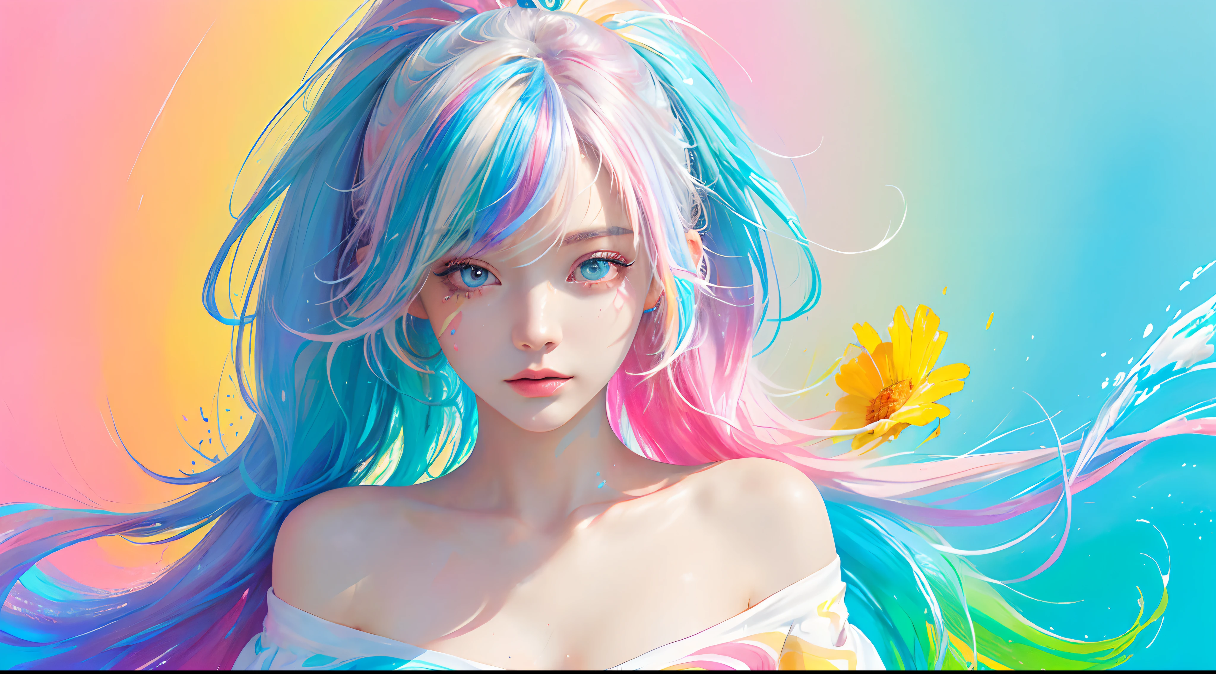 (Pink Fashion T-shirt:1.9),(Colorful hair: 1.8), (all the colours of the rainbow: 1.8),(((((vertical painting:1.6))), (painting:1.6),front, comics, illustrations, paintings, large eyes, crystal clear eyes,( rainbow color gradient high ponytail:1.7), exquisite makeup, closed mouth,(Small Fresh: 1.5),(Wipe Chest: 1.6) ,long eyelashes, white off shoulder T-shirt, White Shoulder Shirt,looking at the audience, large watery eyes, (rainbow colored hair:1.6), color splash, (solo:1.8), color splash, color explosion, thick paint style, messy lines, ((shining)),(colorful), (colorful), (colorful), colorful, Thick Paint Style, (Splash) (Color Splash), Vertical Painting, Upper Body, Paint Splash, Acrylic Pigment, Gradient, Paint, Highest Image Quality, Highest Quality, Masterpiece, Solo, Depth of Field, Face Paint, colorful clothes, (Elegant: 1.2), gorgeous,long hair, wind, (Elegant: 1.3), (Petals: 1.4),(((masterpiece))),(((best quality))),((ultra-detailed)),(illustration),(dynamic angle),((floating)),(paint),((disheveled hair)),(solo),(1girl) , (((detailed anima face))),((beautiful detailed face)),collar,bare shoulders,white hair, ((colorful hair)),((streaked hair)),beautiful detailed eyes,(Gradient color eyes),(((colorful eyes))),(((colorful background))),(((high saturation))),(((surrounded by colorful splashes))),