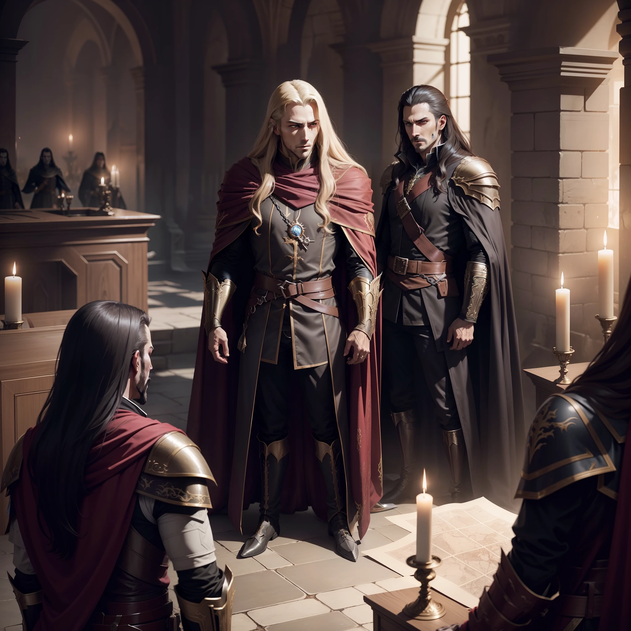 Castlevania Lord of Shadows Lord Dracula in the throne room with his great legendary soldiers looking into hyper realistic Super detailed Conquest Map Dynamic cinematic scene from the film