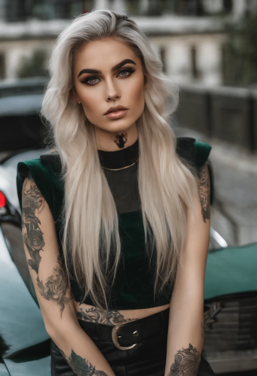 aluna，bonita，K HD |，Cabelo loiro com tintura branca，There are two moles under the right eye，olhos verde-esmeralda，Realizar um concerto，estilo cyberpunk，fotorrealista，medium and medium-length hair，plays guitar，There is a K-shaped tattoo on the neck