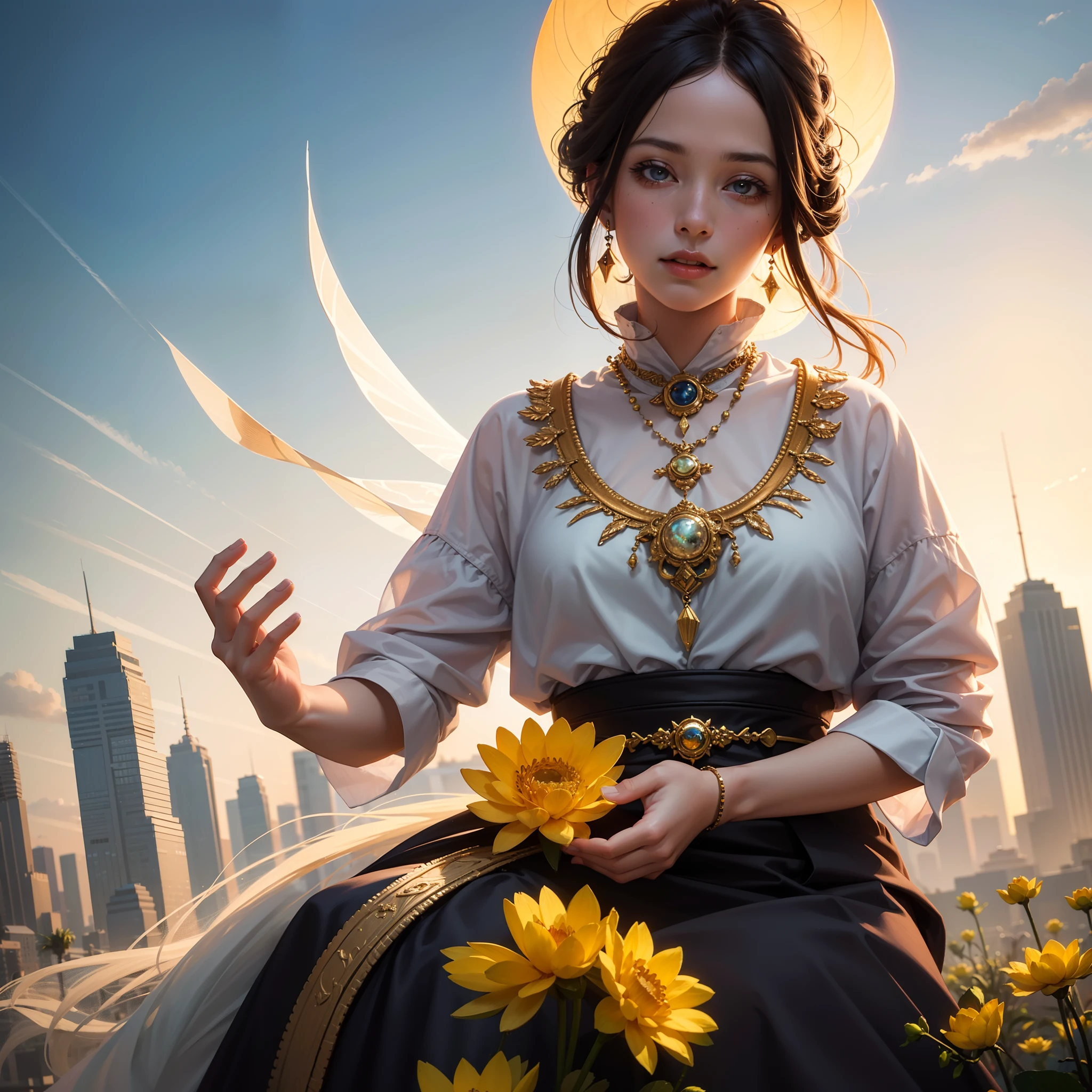 A woman sitting in a lotus position, 🪔 🎨;🌞🌄, 😃😀😄☺🙃😉😗, Meme Tuma, on the astral plane ) ) ), 8K)), Drawings, Memes, 🚀🚀🚀, ¯_(ツ)_/¯, Very cohesive image(high quality image,8k resolution,masterpiece:1.2), ultra-detailed, (realistic,photorealistic,photo-realistic:1.37), portrait, sunset, calming, vibrant colors, soft lighting, detailed facial features, flowing hair, mystical atmosphere, divine glow, peaceful surroundings, surreal scenery, lotus flowers blooming, ethereal beauty, tranquil environment, focused concentration, blissful serenity, relaxing ambiance, meditative state, spiritual energy, harmonious composition, expressive eyes, serene expression, inner peace, cosmic harmony, radiant aura.