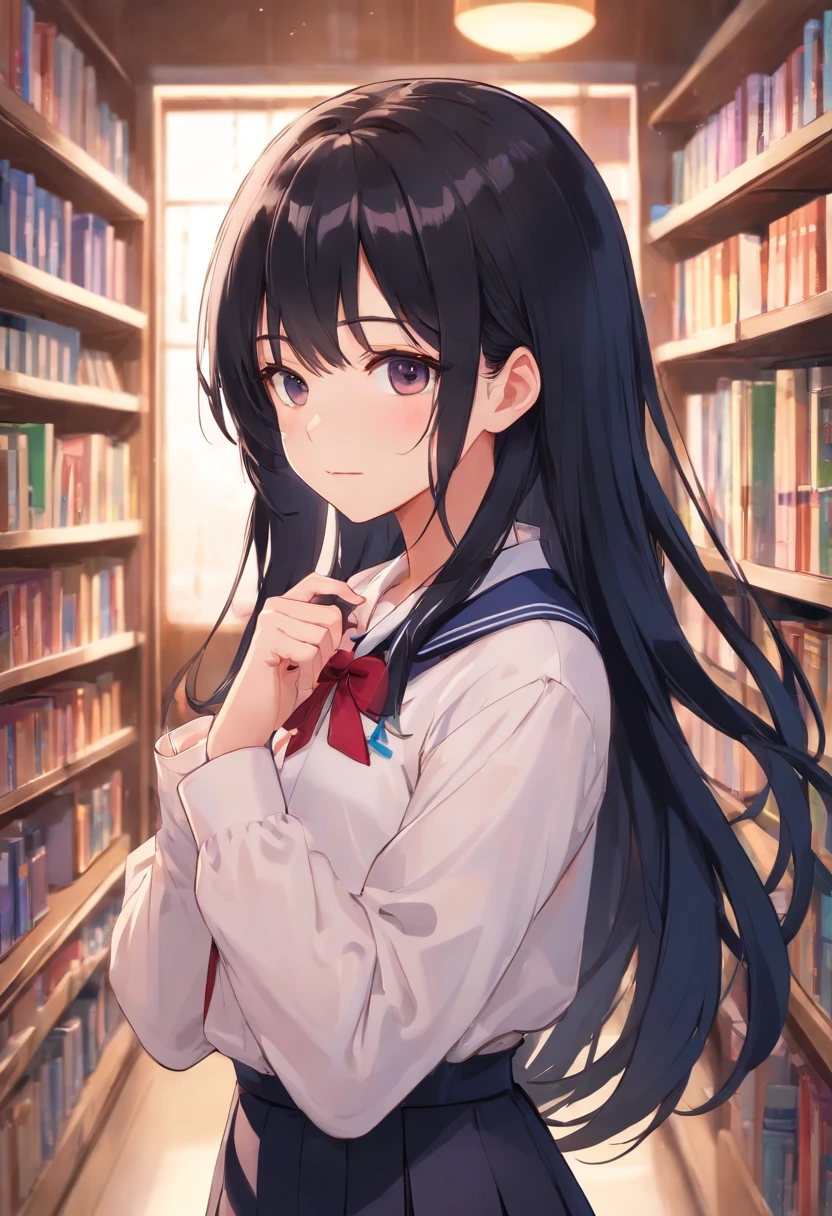 Masterpiece, Best quality, high resolution, extremely detailed photography, Professional lighting, Female students wearing school uniforms pose for a group photo, Realistic young gravure student idol, she is about 16 years old, White blouse, Smooth hair flow, Beautiful highschool girl, gogo dancer, suki, big collar, In a library, ayne haag, So cute, kawaii，Black hair, Straight hair one meter long，Lots of hair，Hair strands are clearly visible，The hair is thick，Top hair quality，The hair is too smooth，Hair is unusually smooth，The shine of the hair is dazzling，Masterpiece, Best quality, high resolution, extremely detailed photography, Professional lighting, （The rubber band slowly slipped from the hair，Untie smooth hair along the trajectory of the rubber band，Smooth hair is untangling:5.5），8K, Super detail，Jet-black hair，Jet-black hair， Super hydrated hair，Top moisturizing hair，Smooth hair at the highest end，Hydrated hair reflects a dazzling water light，Black straight hair is the highest grade and smoothest hair，a superlative, Smooth hair in circles，Spins like a fan，The hair unfolds quickly，High-grade hair spreads quickly like a fan。Hair of the highest rank is draped over the shoulders，High-grade hair covers the whole body，Front of the shoulders