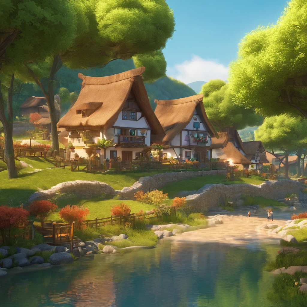 Marko is a young man in his early twenties, tall and slim. He has short dark hair and wears a red cap. wears blue jeans white shirt with sleeves .white sneakers.
high res, ultrasharp, 8K, masterpiece,
The village was a picturesque, tranquil place surrounded by lush green fields and rolling hills. It consisted of quaint cottages with thatched roofs, and a winding river meandered through the heart of the village. The villagers were warm and friendly, and life in the village was simple and peaceful.