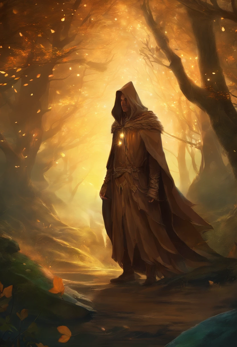 a mysterious being, wrapped in brown wizard clothes. his face is in shadow but two luminous eyes are visible. he is in a forest, it is evening and mysterious creatures and fireflies are in the background. realistic