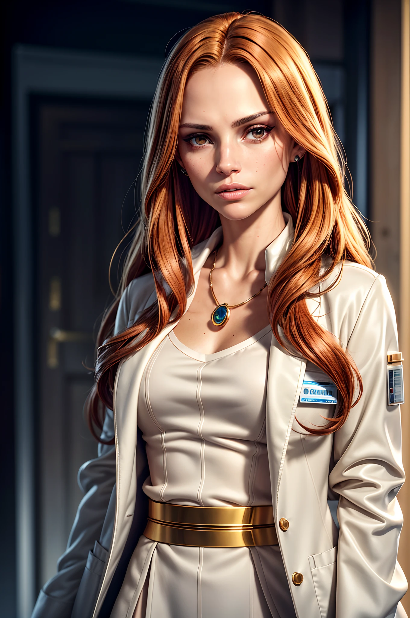 Flowing auburn hair, high cheekbones, facial blend of Natalie Portman, Zoe Saldana, and Charlize Theron, late-twenties female appearance, slightly freckled, lab coat bearing a golden helix emblem, mid-shot, neutral background, delicate bracelet with embedded micro-chip, holding a petri dish, digital ID badge clipped to coat
