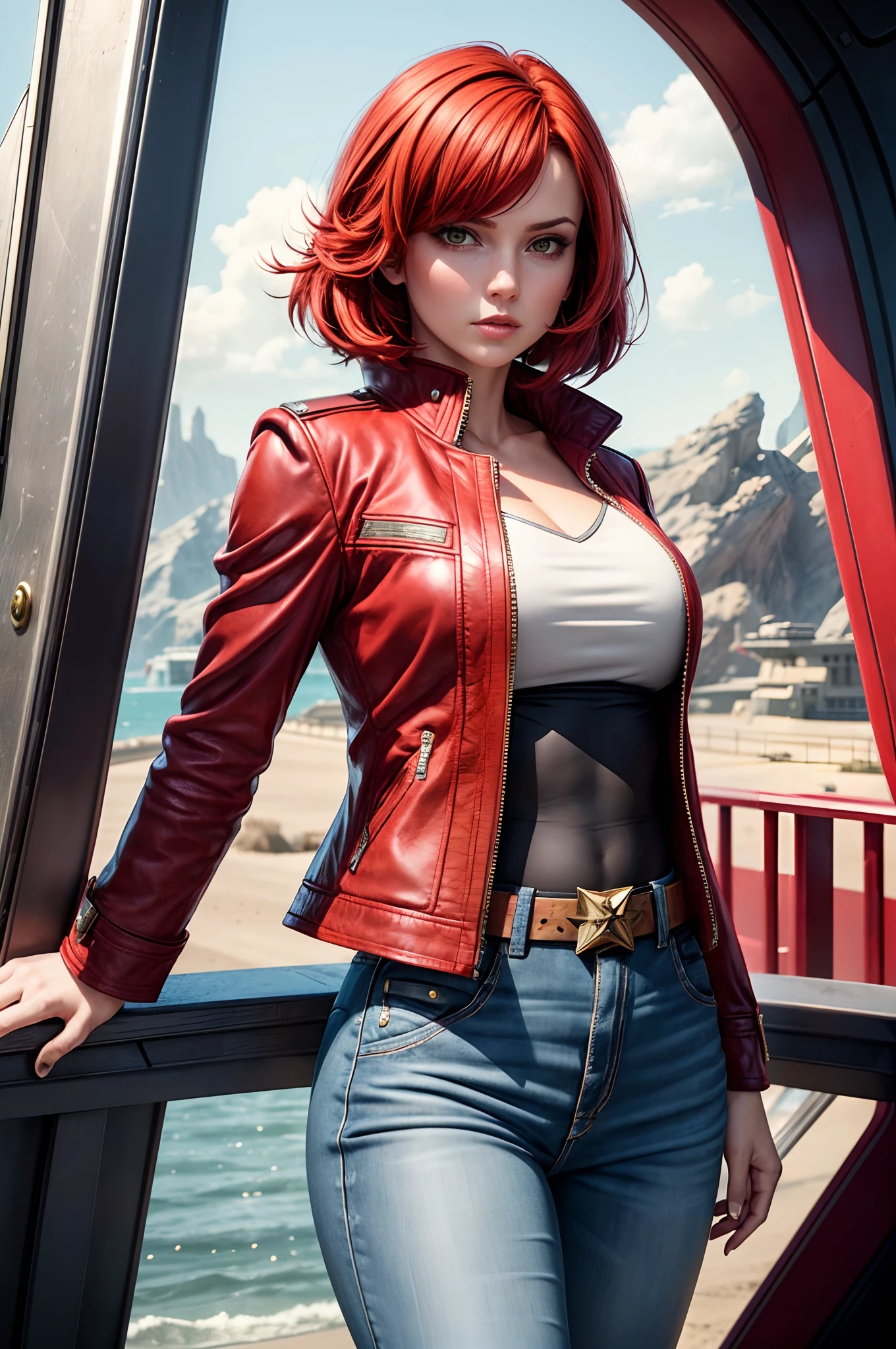 Classic Bob, Ruby Red hair, beautiful woman, starship captain, short jacket, cowboy shot, flirty, military bearing, standing, pirate, on a starship bridge, leather