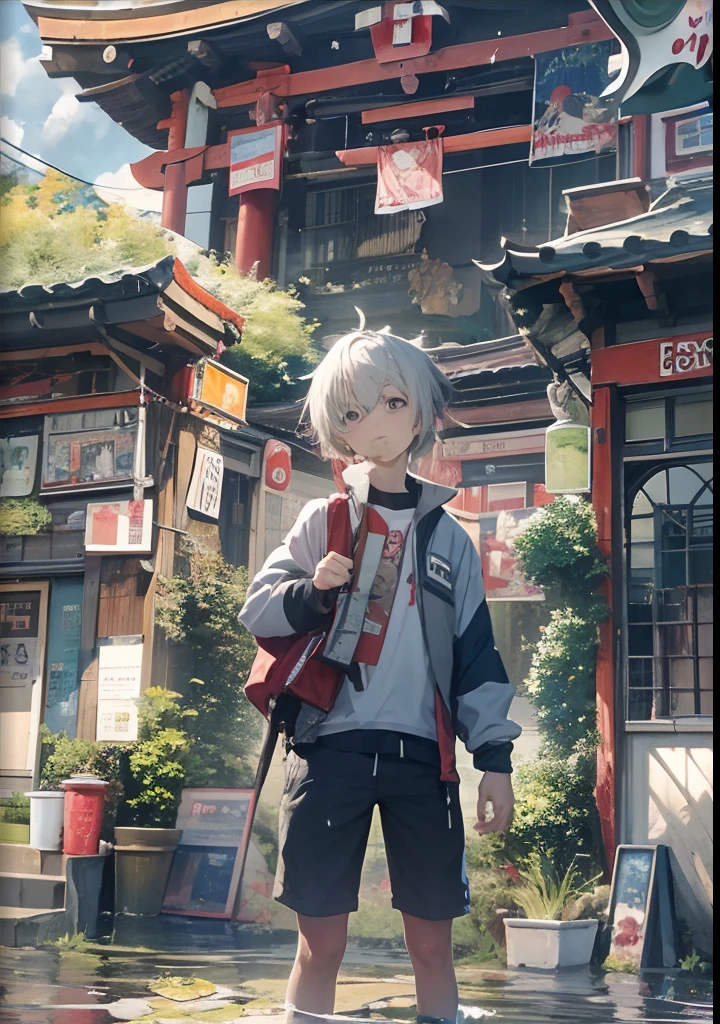1boys,Man's ,Cyberpunk boy、silber hair、Cat's ears、poneyTail、The beginning of the adventure、Dragon in the sky、The magical time of the clouds,beautiful fireworks、ruined and devastated city、Complex Japanese architecture、School buildings、Temple、Shrines、grade crossing、Bus stop、green trees、Warm lighting、Puddles、Ancient Japanese landscape、Beautiful and fantastic summer landscape、cinematic scenery、high high quality、masutepiece,8K、A high resolution、ultra - detailed,
