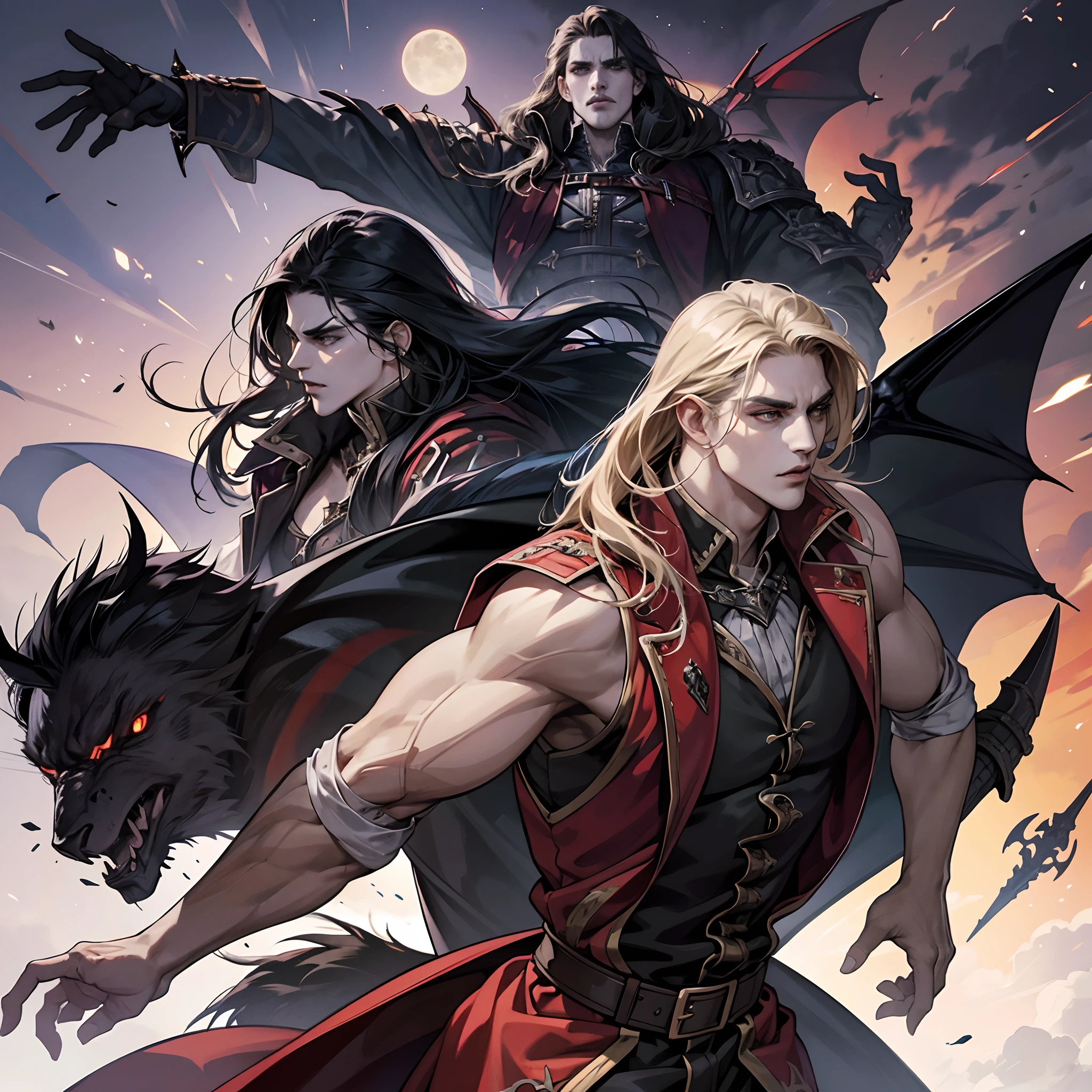 Castlevania Shadow Lord handsome muscular Lord Dracula leading troops armed with demons to war hyper realistic super detailed Dynamic pose super detailed faces hyper realistic super detailed