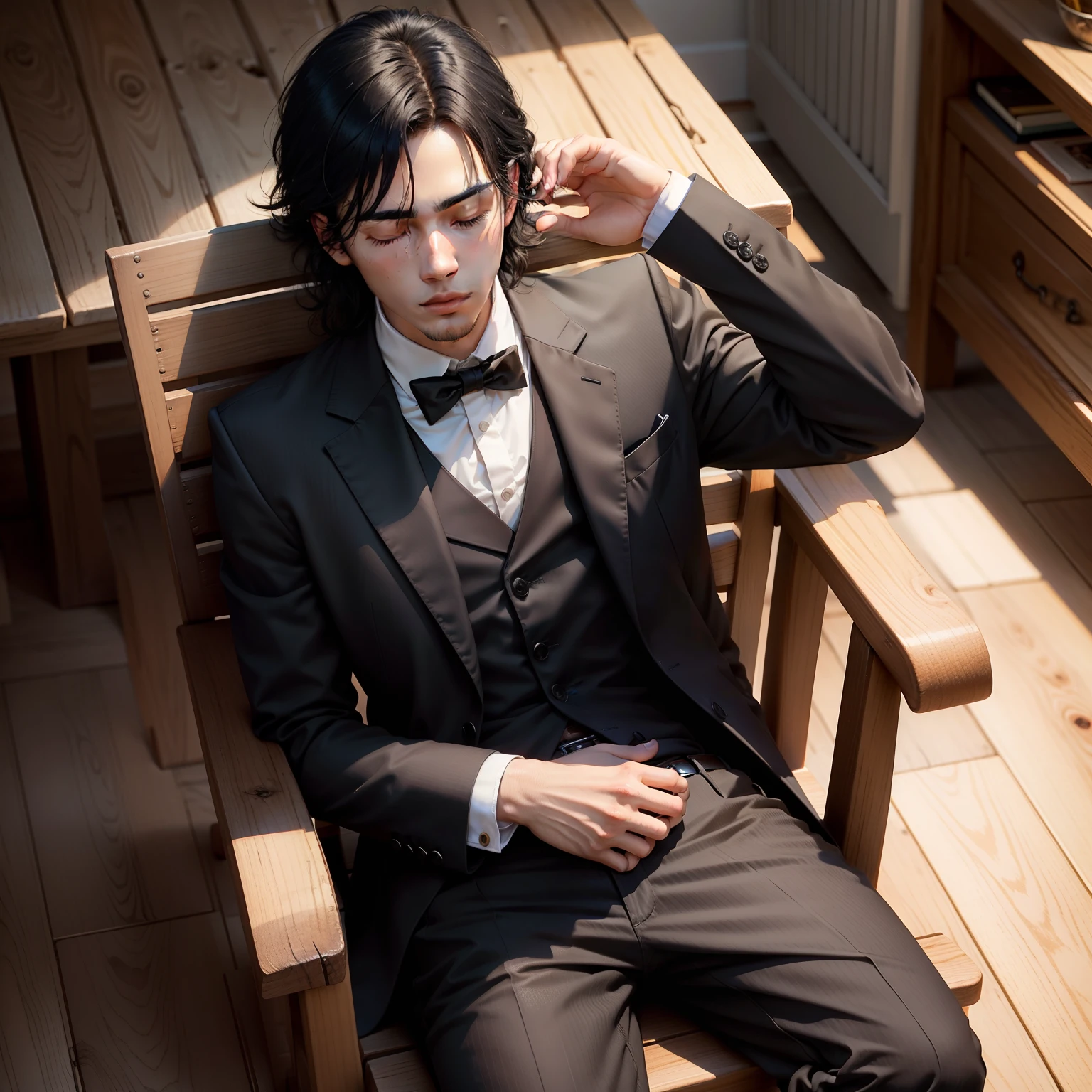 Black hair young gentleman on wooden chair asleep