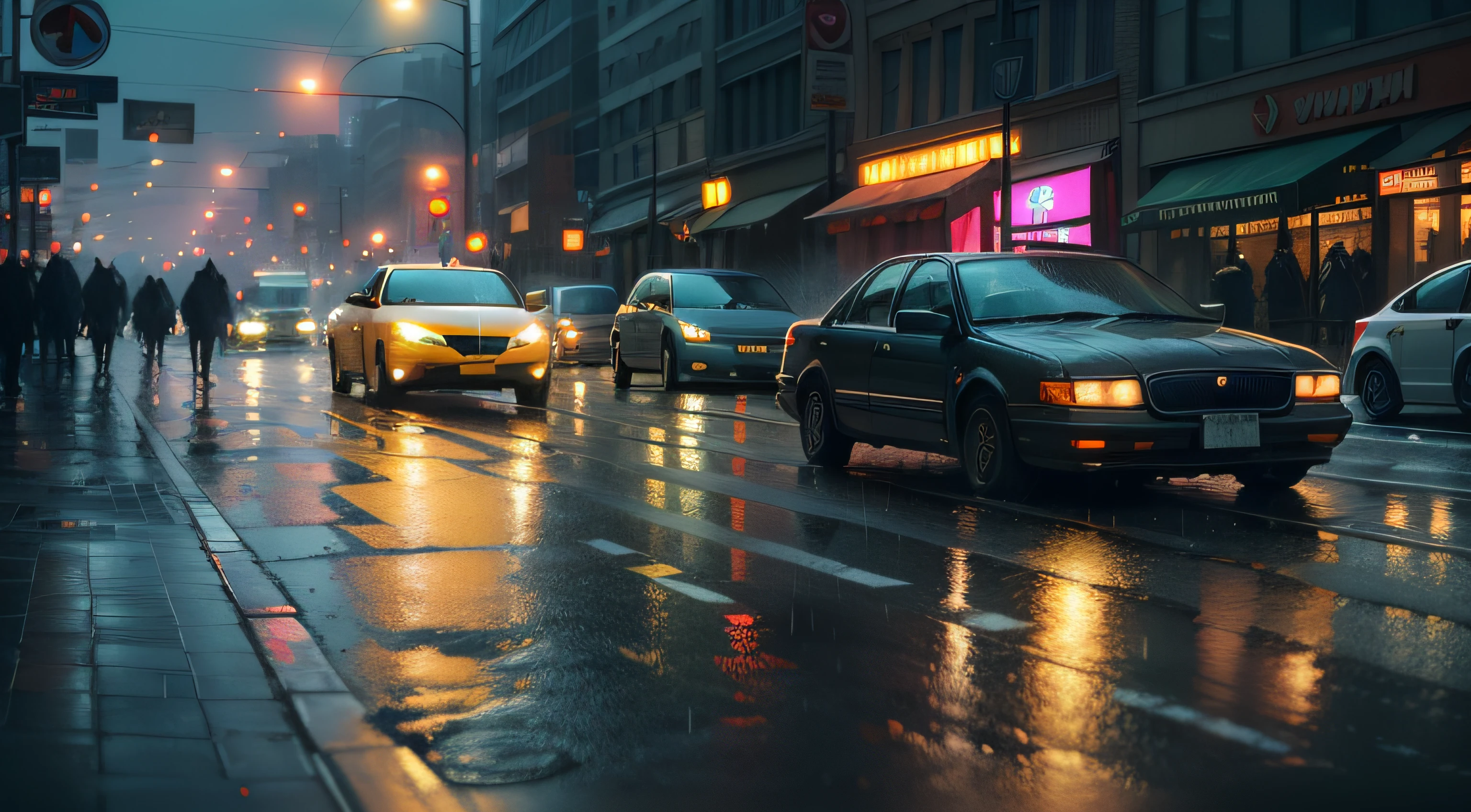 (best quality,4k,8k,highres,masterpiece:1.2),ultra-detailed,(realistic,photorealistic,photo-realistic:1.37),busy city,heavy rain,reflection of neon lights on wet pavement,moving umbrellas,people rushing through the streets,taxi cabs splashing water,steam rising from the grates,glowing storefronts,shimmering raindrops,city skyline disappearing into the rain,flickering street lamps,pedestrians huddled under awnings,flashing traffic lights,blurred motion of cars,streaks of water on glass windows,puddles forming on sidewalks,night illuminated by the city lights,umbrellas of various colors dotting the streets,smudged car headlights,fast-moving raindrops,buildings casting long shadows in the dim light,rooftop water tanks overflowing,graffiti-covered walls glistening in the rain,people sharing umbrellas,noise of rain mixing with car horns and footsteps,mirrored reflections in glass skyscrapers,streets illuminated by the glow of street signs,blurred figures from the movement of people and vehicles,flashes of lightning in the sky.