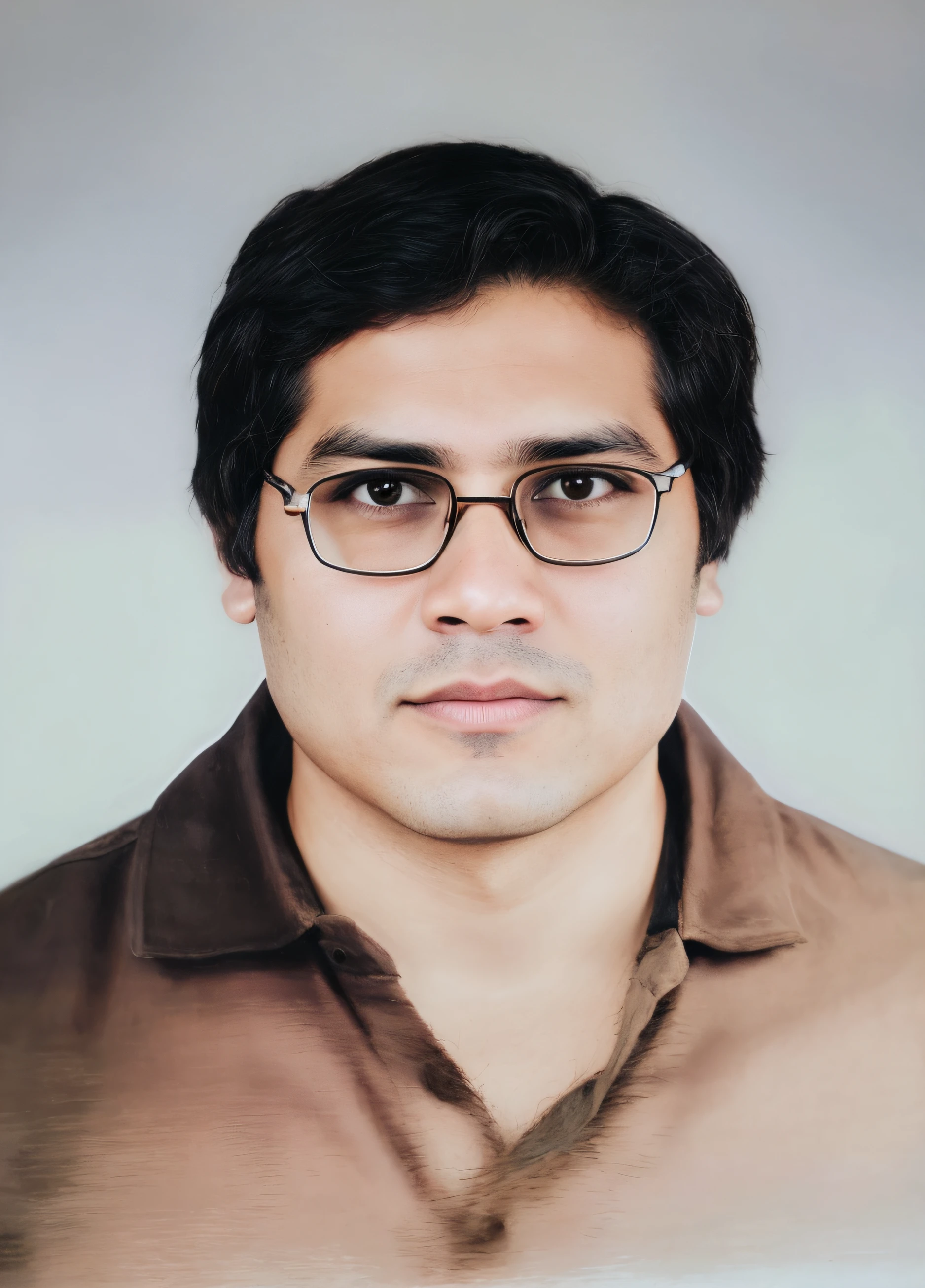 There is a man with glasses and a brown shirt, Cara realista, Foto de retrato realista, Retrato de alta calidad, Khyzyl Saleem, Retrato de estudio realista, Retrato VFX altamente detallado, Retrato VFX altamente detallado de, Retrato ultra detallado, Renderizado digital, Retrato de medio cuerpo, Highly detailed photographic portrait, Renderizado 2D, Retrato hiperdetallado, Retrato detallado en color