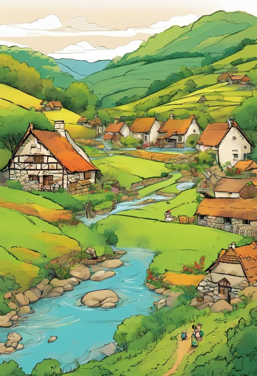 The village was a picturesque, tranquil place surrounded by lush green fields and rolling hills. It consisted of quaint cottages with thatched roofs, and a winding river meandered through the heart of the village. The villagers were warm and friendly, and life in the village was simple and peaceful.