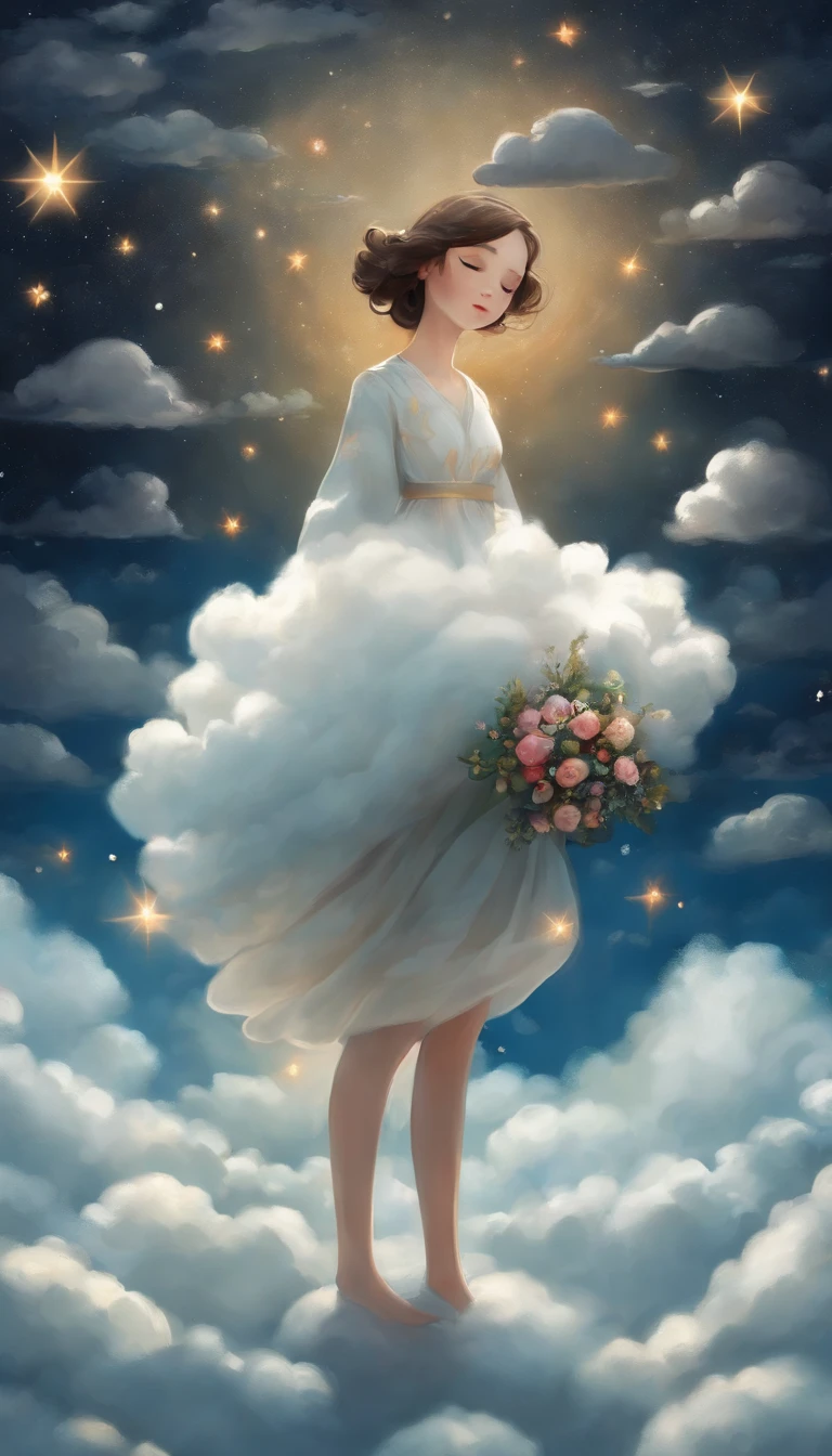Through-the-Viewfinder photography,a girl standing on the cloud,beautiful fluffy clouds,anime,on the clouds,many cloud made up of flowers shaped,surrealism painting,ultrafine brushstrokes, in the style of charming character illustrations,the stars art group,fairytale-inspired,luminous 3d cloud,whimsical cartoon-style,multidimensional shading,Crepuscular rays,The Animatrix,The Tatami Galaxy,The Secret of Kells,